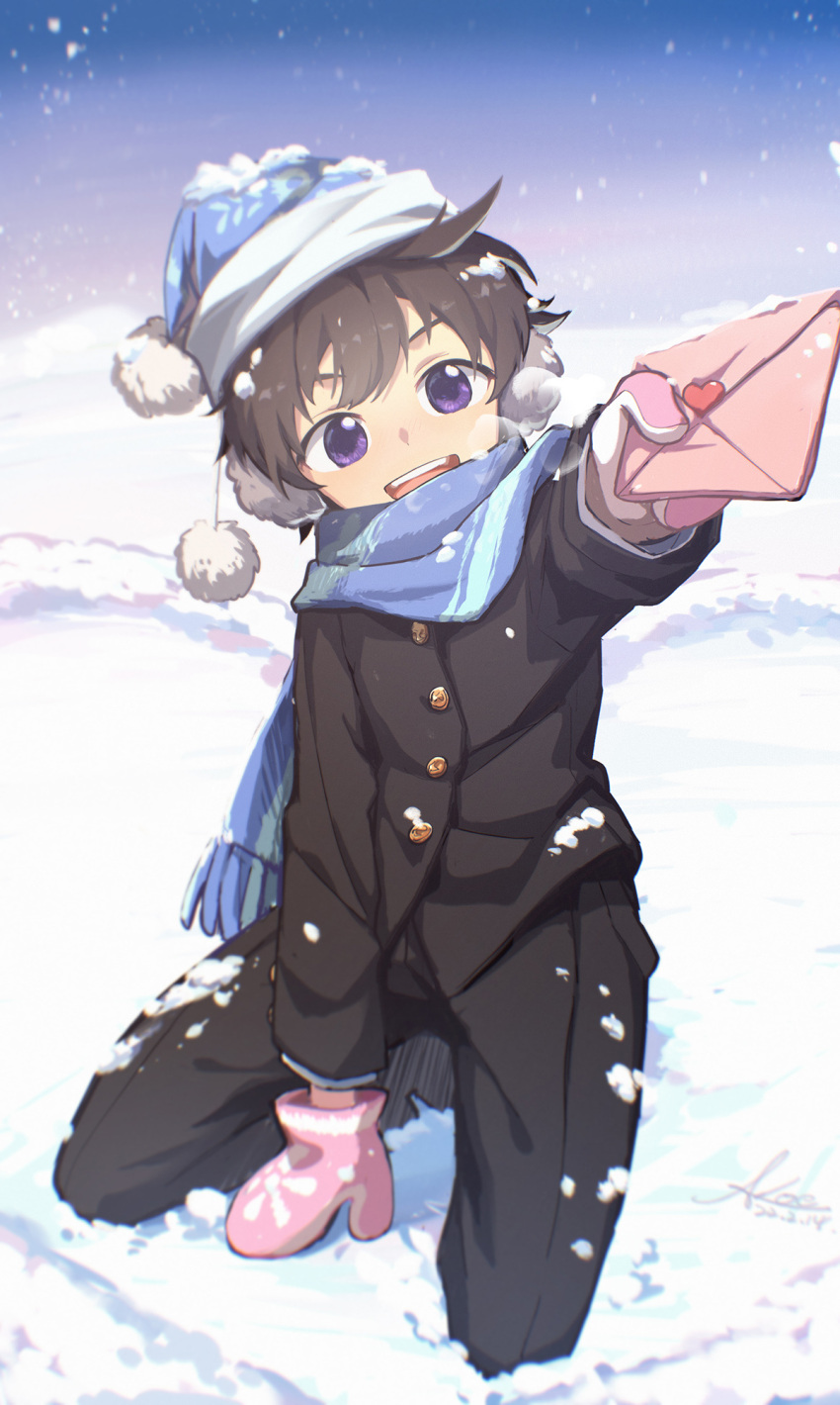 brown_hair cold commentary_request heart highres koe_(mixpi) letter looking_at_viewer love_letter open_mouth original otonokizaka_school_uniform school_uniform short_hair smile snow solo sticker symbol-only_commentary violet_eyes winter winter_clothes winter_uniform