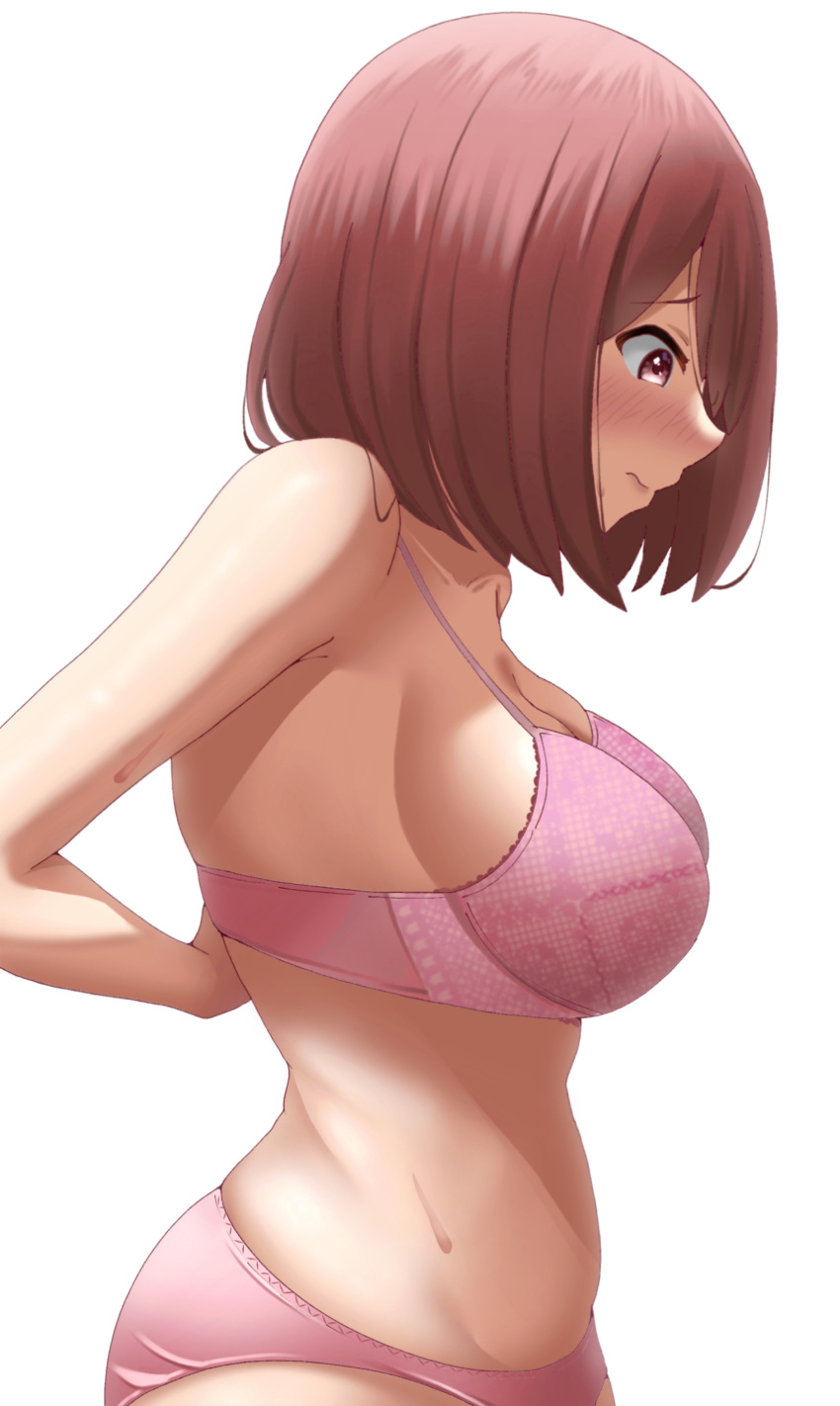 1girl absurdres adjusting_bra adjusting_clothes arm_behind_back bare_shoulders blush bra breasts brown_hair closed_mouth collarbone commentary eyebrows_visible_through_hair from_side highres hoshino_miyako_(wataten) large_breasts light_frown looking_down looking_to_the_side nose_blush panties pink_bra pink_panties poa_mellhen profile raised_eyebrow simple_background skindentation sweat underwear underwear_only watashi_ni_tenshi_ga_maiorita! white_background