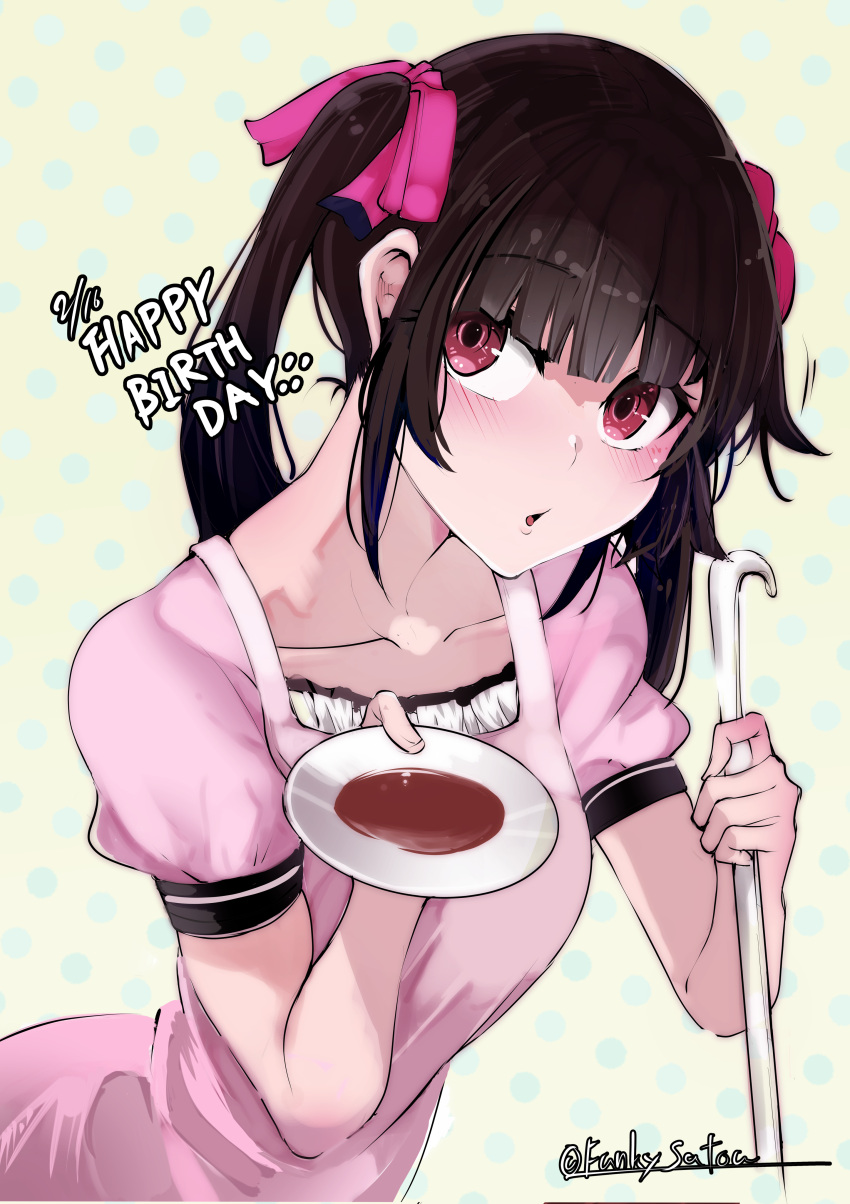 1girl absurdres apron black_hair blush breasts eyebrows_visible_through_hair funkysatou highres holding holding_ladle ladle long_hair looking_at_viewer parted_lips puffy_sleeves senki_zesshou_symphogear small_breasts solo tasting_plate tsukuyomi_shirabe twintails violet_eyes