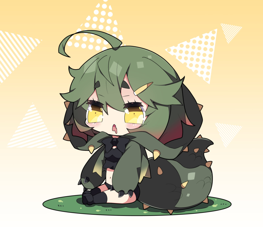 1girl :&lt; ahoge bangs black_bow black_bowtie black_legwear black_shirt blush bow bowtie breasts chibi commentary_request deviljho drooling eyebrows_visible_through_hair fang full_body gradient_hair green_hair hair_between_eyes hair_ornament hairclip highres kneehighs medium_breasts milkpanda monster_hunter_(series) mouth_drool multicolored_hair navel no_shoes open_mouth personification redhead shirt short_eyebrows sitting soles solo tail thick_eyebrows triangle_mouth yellow_eyes