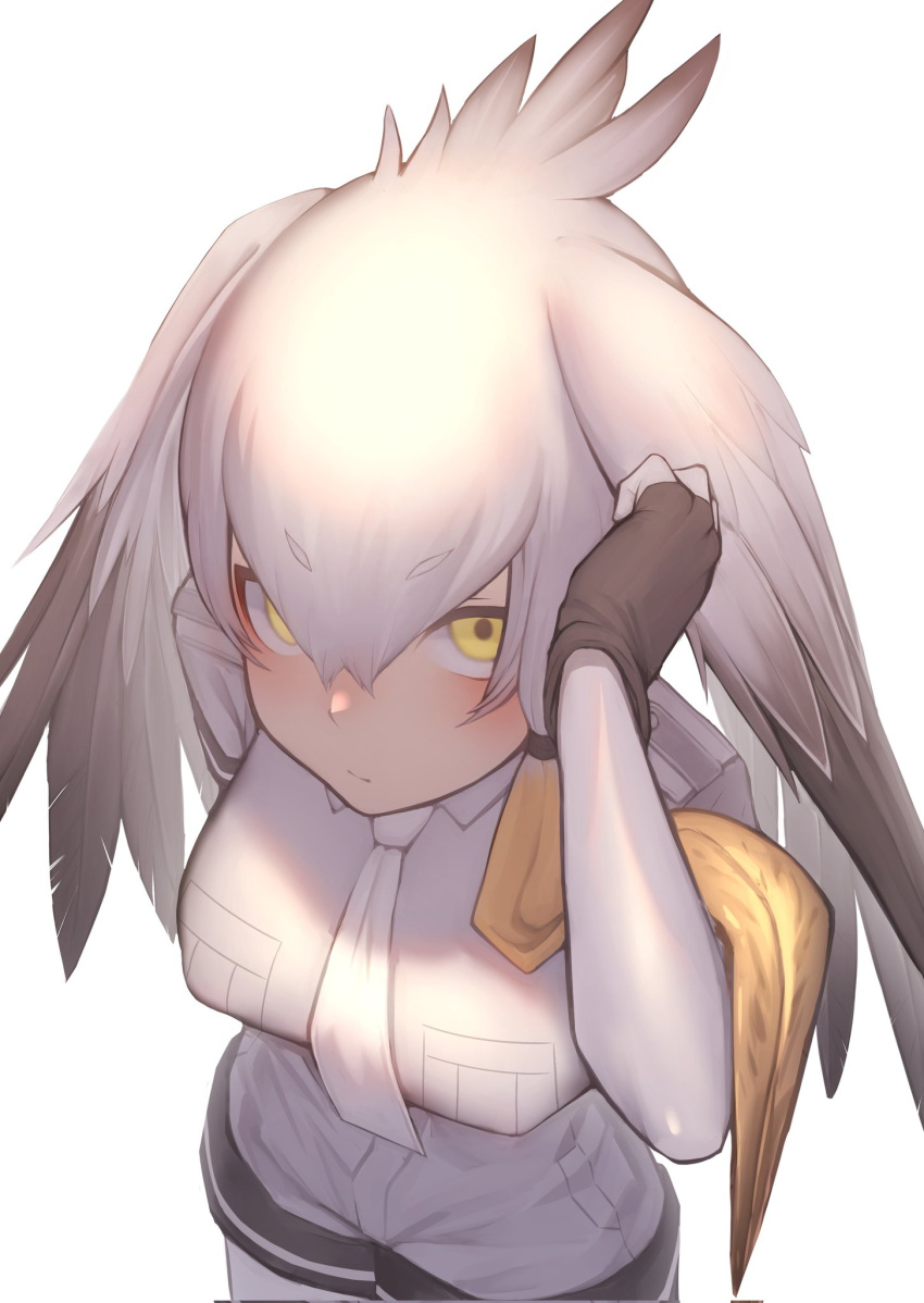 1girl akuma_(st.takuma) bangs black_gloves blonde_hair breast_pocket breasts commentary eyebrows_visible_through_hair fingerless_gloves gloves grey_shirt grey_shorts hair_between_eyes head_wings highres kemono_friends large_breasts looking_at_viewer multicolored_hair necktie pocket shirt shoebill_(kemono_friends) shorts simple_background single_sidelock solo two-tone_hair white_background white_necktie yellow_eyes