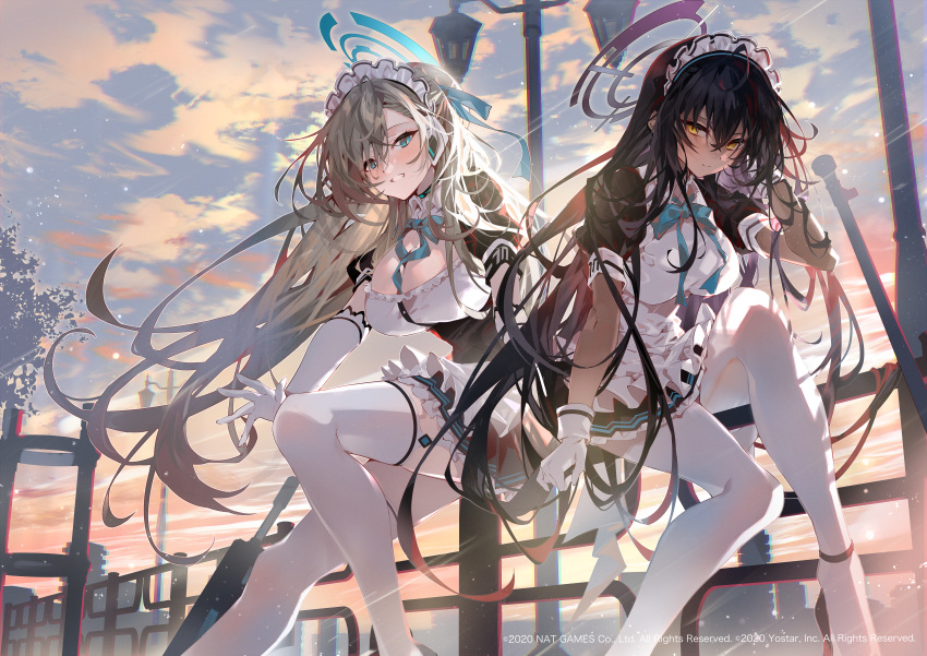 2girls absurdres apron aqua_bow aqua_bowtie arutera asuna_(blue_archive) bangs banned_artist black_dress black_hair blue_archive blue_eyes blush bow bowtie breasts closed_mouth clouds dark-skinned_female dark_skin dress elbow_gloves evening fence frills garter_straps gloves grin gun halo highres karin_(blue_archive) large_breasts light_brown_hair long_hair looking_at_viewer maid maid_headdress multiple_girls official_art outdoors pantyhose sky smile thigh-highs very_long_hair weapon white_apron white_gloves white_legwear yellow_eyes