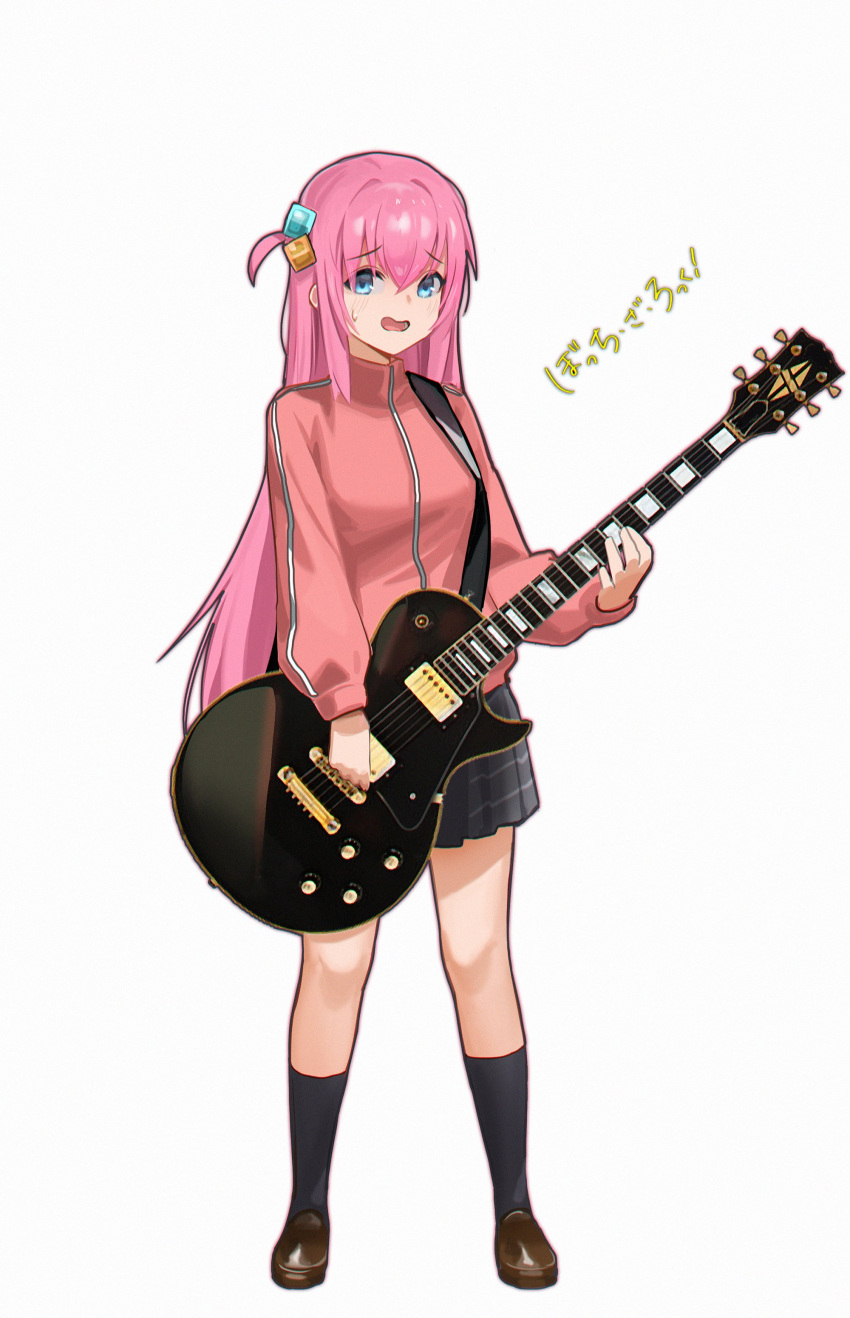 1girl absurdres black_skirt black_socks blue_eyes bocchi_the_rock! brown_footwear commentary copyright_name crossed_bangs cube_hair_ornament electric_guitar full_body gibson_les_paul gotou_hitori guitar hair_between_eyes hair_ornament highres holding holding_instrument instrument jacket loafers long_hair long_sleeves looking_at_viewer nervous one_side_up open_mouth pink_hair pink_jacket shoes simple_background skirt socks solo standing starcat sweatdrop track_jacket white_background