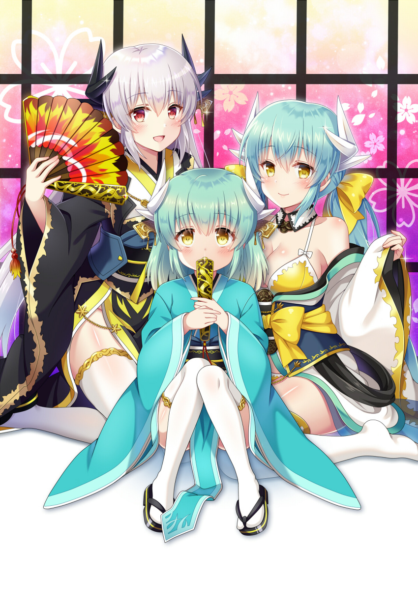 3girls :d bare_shoulders bikini black_kimono blue_hair blue_kimono blush collarbone commentary_request covering_mouth dragon_girl dragon_horns eyebrows_visible_through_hair fate/grand_order fate_(series) folding_fan hand_fan highres holding holding_fan horns japanese_clothes kimono kiyohime_(fate) kiyohime_(swimsuit_lancer)_(fate) looking_at_viewer multiple_girls multiple_horns multiple_persona red_eyes silver_hair sitting smile suzumia_(daydream) swimsuit thigh-highs white_legwear yellow_bikini yellow_eyes younger