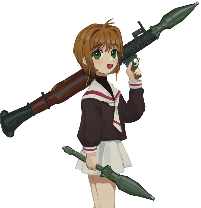 1girl :d antenna_hair black_blouse black_shirt blouse brown_hair cardcaptor_sakura carrying carrying_over_shoulder child deent_(30390450) english_commentary green_eyes hand_up highres holding holding_weapon kinomoto_sakura looking_at_viewer missile neckerchief pleated_skirt puffy_sleeves rocket_launcher rpg rpg-7 sailor_collar school_uniform shirt short_hair simple_background skirt sleeve_cuffs smile solo tomoeda_elementary_school_uniform trigger_discipline upper_body weapon white_background white_neckerchief white_skirt