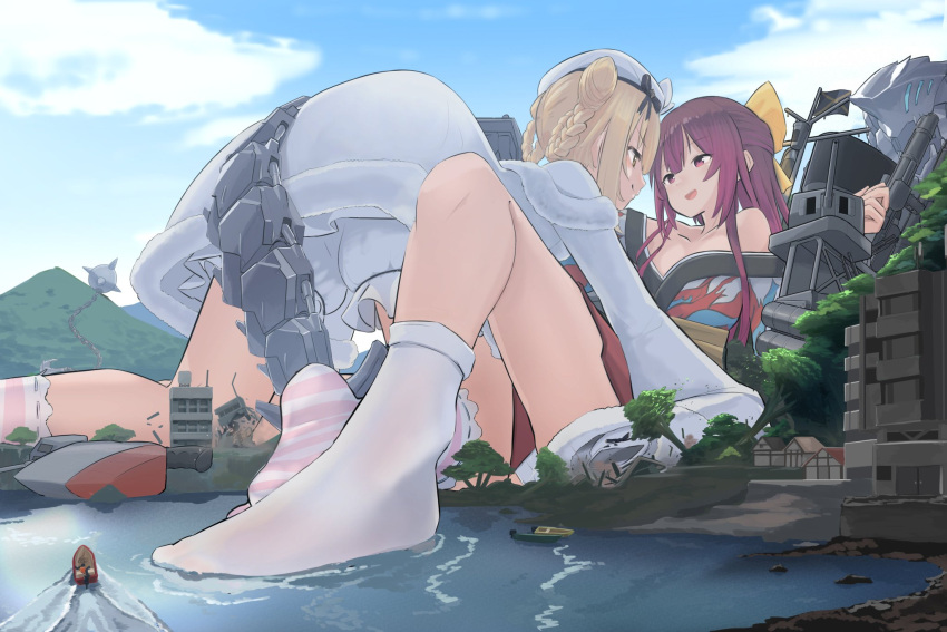 2girls boots bow brown_footwear commission cross-laced_footwear full_body giant giantess hair_bow hakama hakama_skirt highres japanese_clothes kamikaze_(kancolle) kantai_collection kimono lace-up_boots long_hair looking_at_viewer machinery meiji_schoolgirl_uniform multiple_girls open_mouth pink_hakama purple_hair red_kimono round_teeth sigure-zzzz skirt smokestack solo sword tabi teeth upper_teeth violet_eyes weapon white_legwear yellow_bow