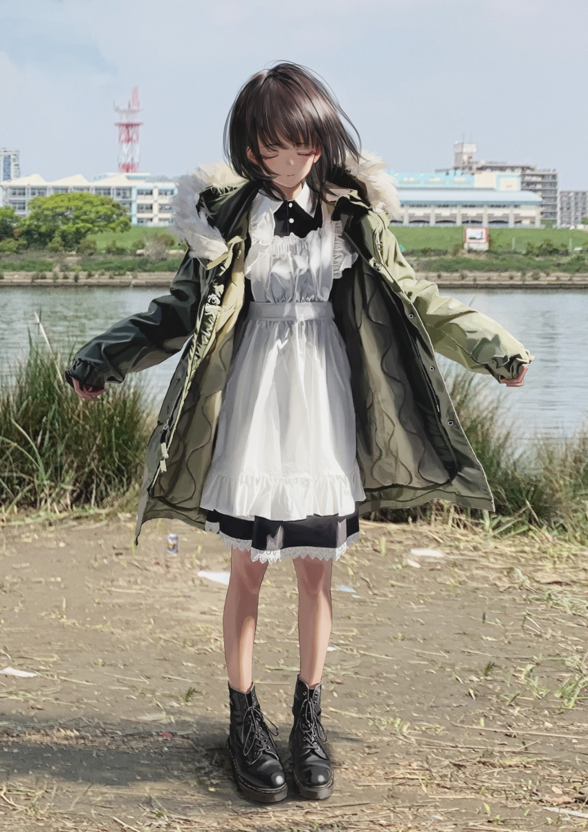 1girl absurdres bangs black_footwear boots brown_hair building closed_eyes closed_mouth collared_dress dress grass green_jacket highres jacket long_sleeves nadegata original outdoors outstretched_arms scenery short_hair sky smile solo spread_arms standing tree water white_dress