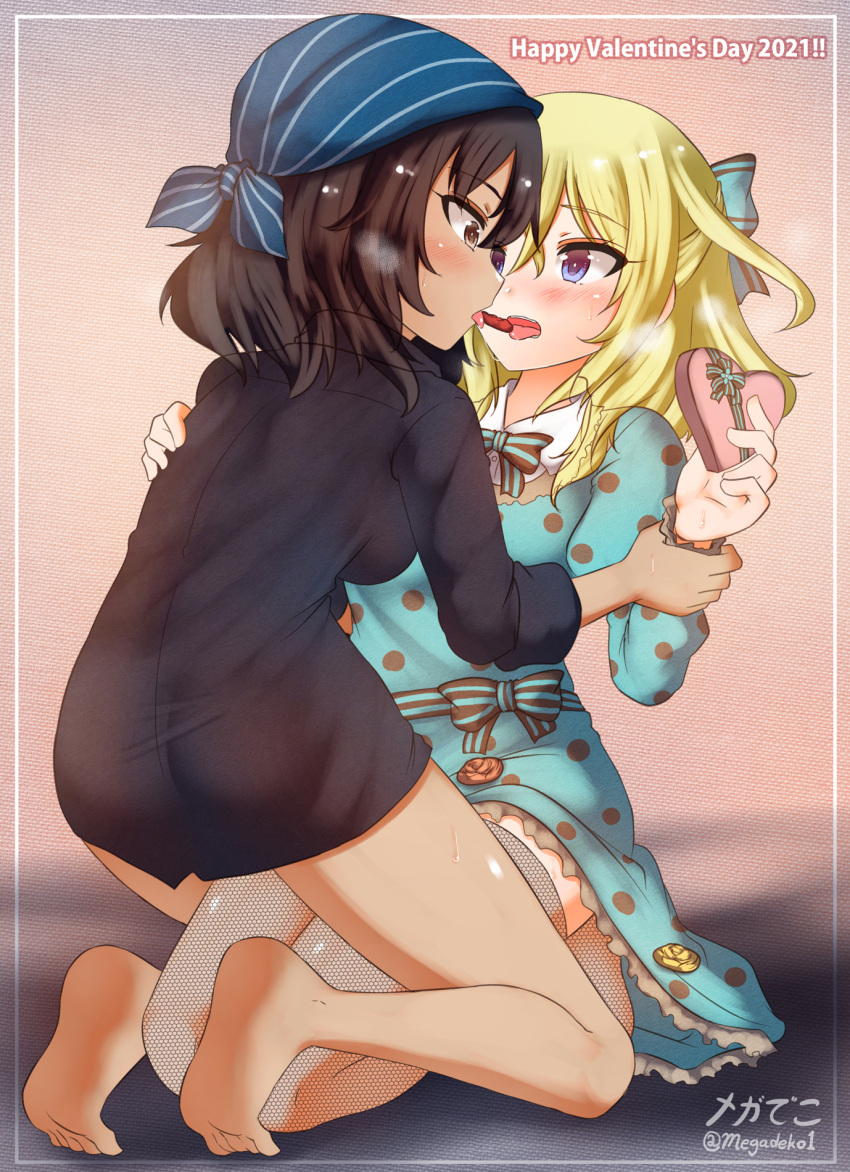 2girls andou_(girls_und_panzer) aquaegg arm_grab artist_name bandana bangs black_eyes black_hair black_shirt blonde_hair blue_bandana blue_bow blue_bowtie blue_dress blue_eyes bow bowtie collared_dress collared_shirt commentary_request dark-skinned_female dark_skin dated dress english_text eyebrows_visible_through_hair fishnet_legwear fishnets gift girls_und_panzer girls_und_panzer_senshadou_daisakusen! happy_valentine highres holding holding_gift kneeling long_sleeves looking_at_another medium_hair messy_hair mouth_hold multiple_girls no_pants object_kiss open_mouth oshida_(girls_und_panzer) polka_dot polka_dot_dress saliva shirt signature sweat thigh-highs twitter_username valentine