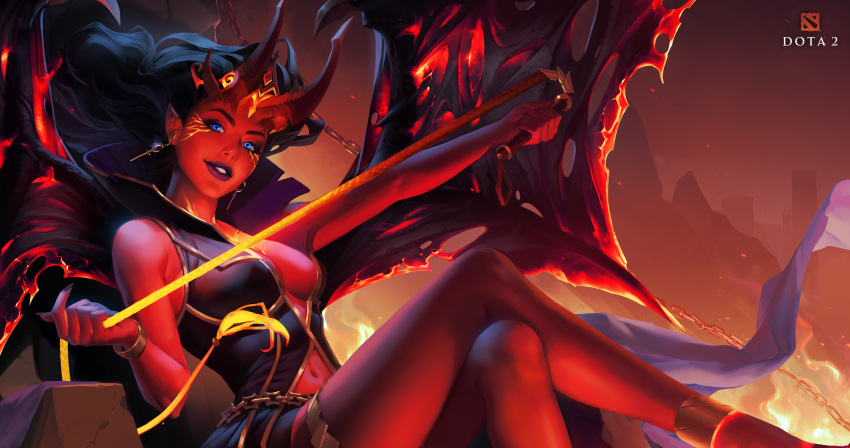 1girl absurdres bangs black_hair blue_eyes bracer breasts chain colored_skin copyright_name crossed_legs demon_girl demon_horns demon_wings dota_(series) dota_2 earrings eyebrows_visible_through_hair feet_out_of_frame fingernails highres holding holding_whip horns jewelry legs lips long_hair looking_at_viewer medium_breasts navel open_mouth pointy_ears queen_of_pain_(dota) red_skin simple_background sitting smile solo teeth thds19 wings