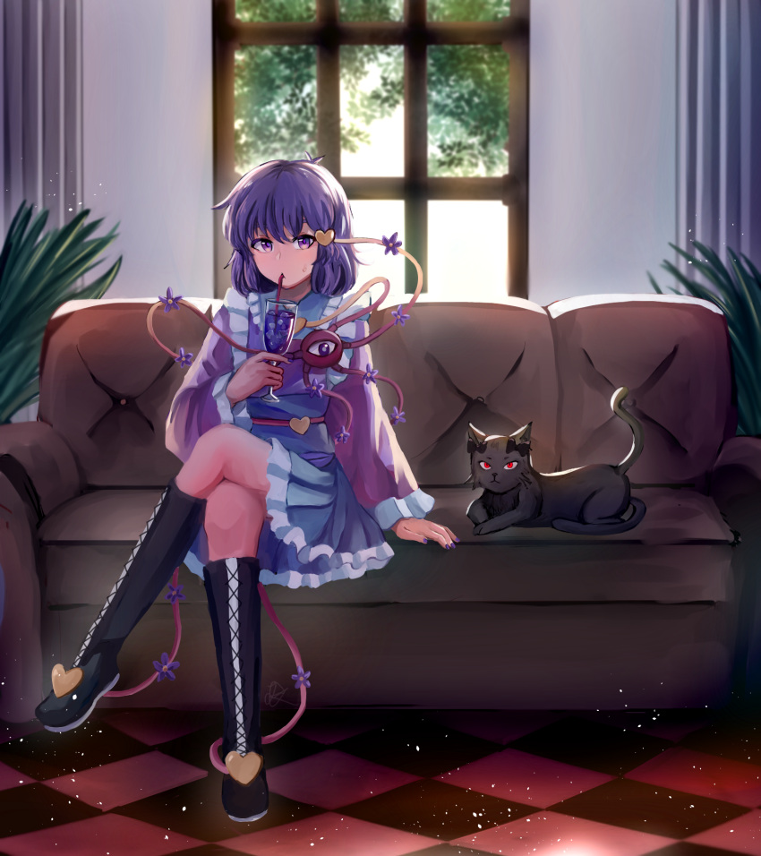 1girl artist_request black_bow black_cat boots bow cat checkered_floor coach cocktail cocktail_glass cup curtains dress drinking drinking_glass drinking_straw flower glowing glowing_eyes heart highres kaenbyou_rin kaenbyou_rin_(cat) komeiji_satori leaf looking_at_viewer multiple_tails nekomata pink_dress plant purple_dress purple_hair red_eyes short_hair sitting slit_pupils source_request sunlight tail third_eye touhou two_tails violet_eyes whiskers window