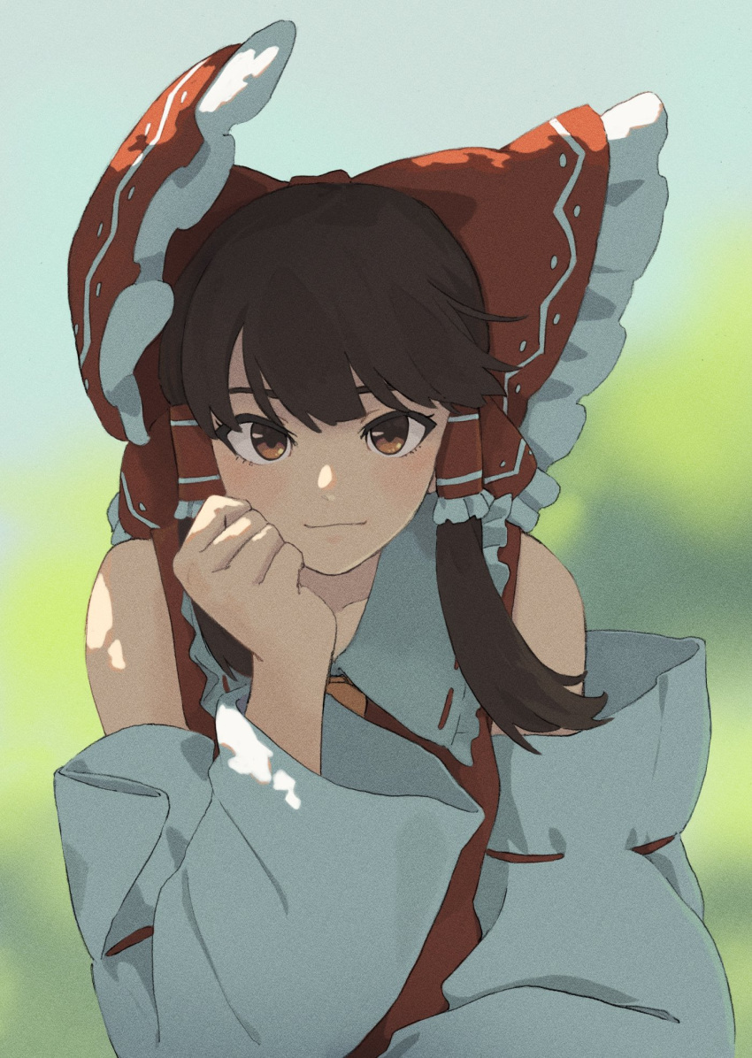 1girl ascot bangs bare_shoulders blunt_bangs blurry blurry_background blush bow brown_eyes brown_hair closed_mouth collar commentary_request detached_sleeves eyelashes frilled_bow frilled_collar frilled_hair_tubes frills hair_bow hair_tubes hakurei_reimu hand_on_own_cheek hand_on_own_face highres light_smile long_hair long_sleeves looking_at_viewer nontraditional_miko red_ribbon red_vest ribbon ribbon-trimmed_collar ribbon_trim shiratama_(hockey) sidelocks solo standing touhou vest white_sleeves wide_sleeves yellow_ascot