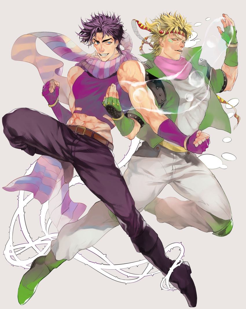 2boys absurdres battle_tendency blonde_hair blue_eyes blue_scarf bubble caesar_anthonio_zeppeli crop_top facial_mark feather_hair_ornament feathers fingerless_gloves gloves green_eyes green_jacket hair_ornament headband hermit_purple highres hydrokinesis jacket jojo_no_kimyou_na_bouken joseph_joestar joseph_joestar_(young) knee_pads male_focus midriff multicolored_clothes multicolored_scarf multiple_boys plant purple_scarf samuraisamurai scarf stand_(jojo) striped striped_scarf thorns triangle_print vertical-striped_scarf vertical_stripes vines water