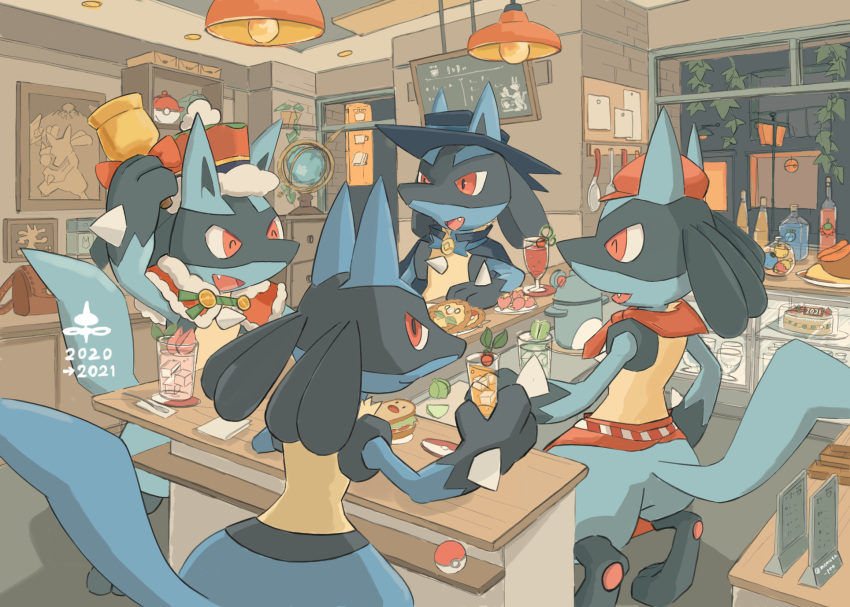 4others bottle commentary_request drink fang food furry hat highres holding holding_drink indoors lucario momota_pix multiple_others open_mouth poke_ball pokemon pokemon_(creature) red_eyes smile spikes standing