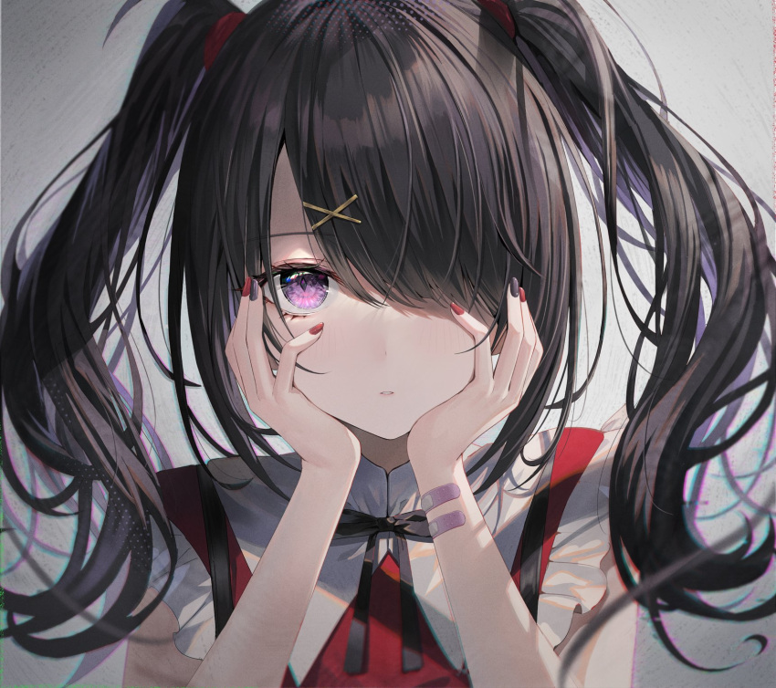 1girl ame-chan_(needy_girl_overdose) bandaid bandaid_on_arm bangs black_bow black_bowtie black_hair black_nails bow bowtie closed_mouth hair_ornament hair_over_one_eye hands_on_own_cheeks hands_on_own_face highres long_hair looking_at_viewer multicolored_nails nail_polish needy_girl_overdose red_nails red_shirt rin_yuu shirt simple_background solo twintails upper_body violet_eyes x_hair_ornament