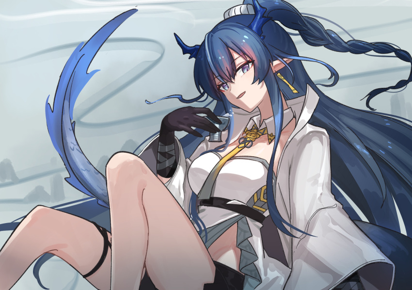 1girl arknights bangs bare_legs blue_eyes blue_hair braid breasts feet_out_of_frame hand_up highres horns jacket ling_(arknights) long_hair long_sleeves looking_at_viewer mabing medium_breasts necktie open_clothes open_jacket parted_lips pointy_ears shirt sitting solo strapless strapless_shirt tail thighs very_long_hair white_jacket white_shirt wide_sleeves yellow_necktie