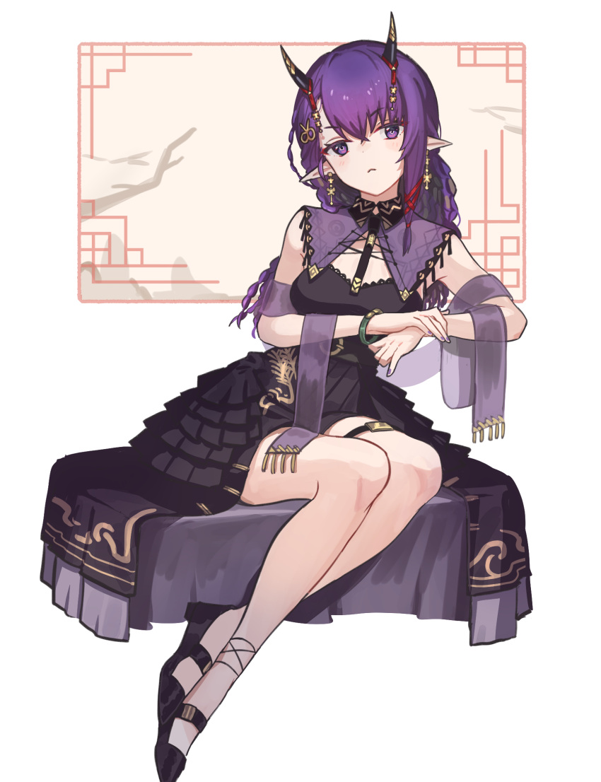 1girl arknights bangs black_dress black_footwear breasts closed_mouth dress eyebrows_visible_through_hair full_body hair_between_eyes head_tilt highres horns lava_(arknights) lava_the_purgatory_(arknights) lava_the_purgatory_(dusk_wisteria)_(arknights) layered_dress looking_at_viewer mabing medium_breasts pleated_dress pointy_ears purple_hair see-through shoes sitting sleeveless sleeveless_dress solo violet_eyes white_background
