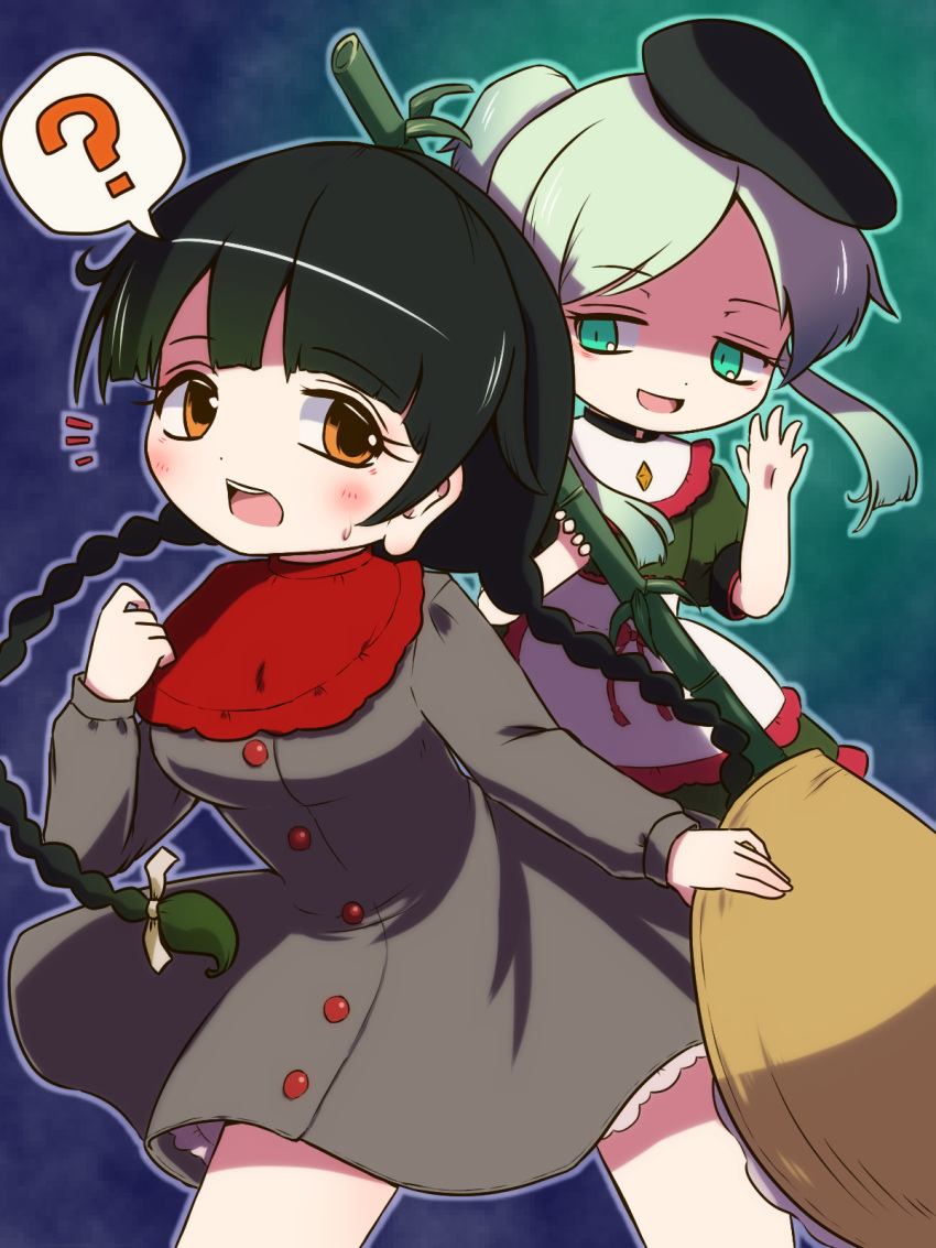 2girls ? apron bamboo bangs black_hair black_headwear blue_background blush bow braid breasts buttons capelet commentary_request crystal dress eyebrows_visible_through_hair flying frills green_background green_dress green_eyes green_hair grey_dress hair_bow hand_up hands_up hat highres jewelry leaf long_hair long_sleeves looking_at_another looking_back medium_breasts multicolored_background multiple_girls no_hat no_headwear open_mouth orange_eyes puffy_short_sleeves puffy_sleeves purple_background red_bow red_capelet rekishitai_hoonoji shaded_face short_hair short_hair_with_long_locks short_sleeves smile standing teeth teireida_mai tongue touhou twin_braids white_apron white_bow yatadera_narumi yellow_headwear