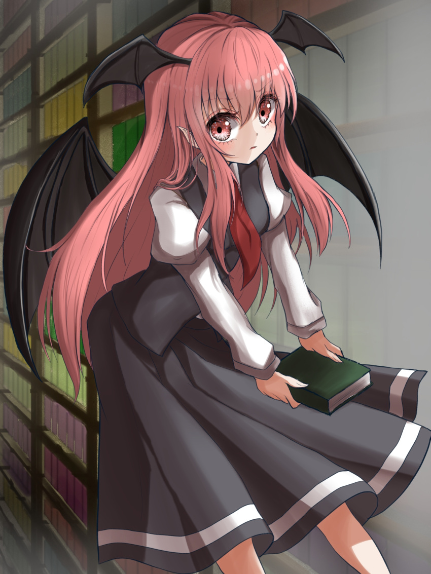 1girl annoyed bangs bat_wings black_skirt black_vest blush book bookshelf closed_mouth eyebrows_visible_through_hair eyelashes feet_out_of_frame flying furrowed_brow hair_between_eyes head_wings highres holding holding_book indoors juliet_sleeves kayon_(touzoku) koakuma leaning_forward library long_hair long_sleeves looking_at_viewer necktie pointy_ears puffy_sleeves red_eyes red_necktie redhead shirt skirt solo touhou very_long_hair vest voile white_shirt wing_collar wings