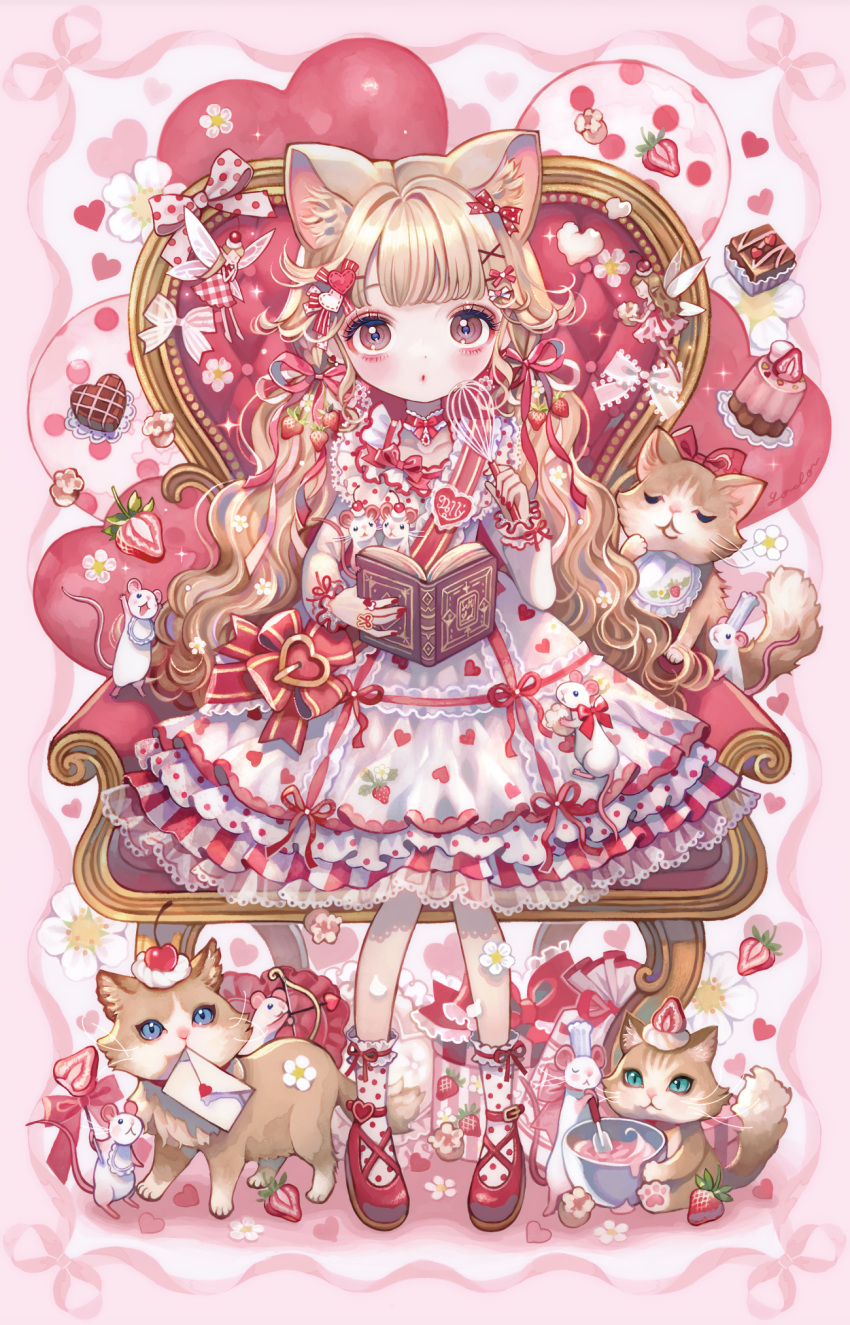 1girl animal animal_ear_fluff animal_ears armchair bangs book brown_eyes brown_hair cat cat_ears chair cherry closed_mouth commentary dress english_commentary envelope eyebrows_visible_through_hair flower food frilled_dress frills fruit hair_flower hair_ornament heart heart_background heart_hair_ornament heart_print highres holding holding_book lalala222 long_hair long_sleeves looking_at_viewer love_letter mixing_bowl mouse mouth_hold nail_polish on_chair open_book original pink_background polka_dot polka_dot_legwear print_dress red_footwear red_nails shoes sitting sleeves_past_wrists solo spatula strawberry two-tone_background valentine very_long_hair whisk white_background white_dress white_flower white_legwear x_hair_ornament