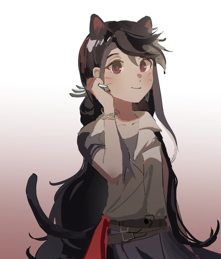 1girl azlililil black_hair blue_feathers blush cat_ears cat_tail dated dress earrings eyebrows_visible_through_hair floating_hair hair_between_eyes jewelry kurosaki_ruri long_hair multicolored_hair nekomimi open_mouth pinafore_dress purple_hair red_eyes short_sleeves simple_background sleeveless sleeveless_dress smile solo two-tone_hair very_long_hair white_background yellow_dress yu-gi-oh! yu-gi-oh!_arc-v yuu-gi-ou yuu-gi-ou_arc-v