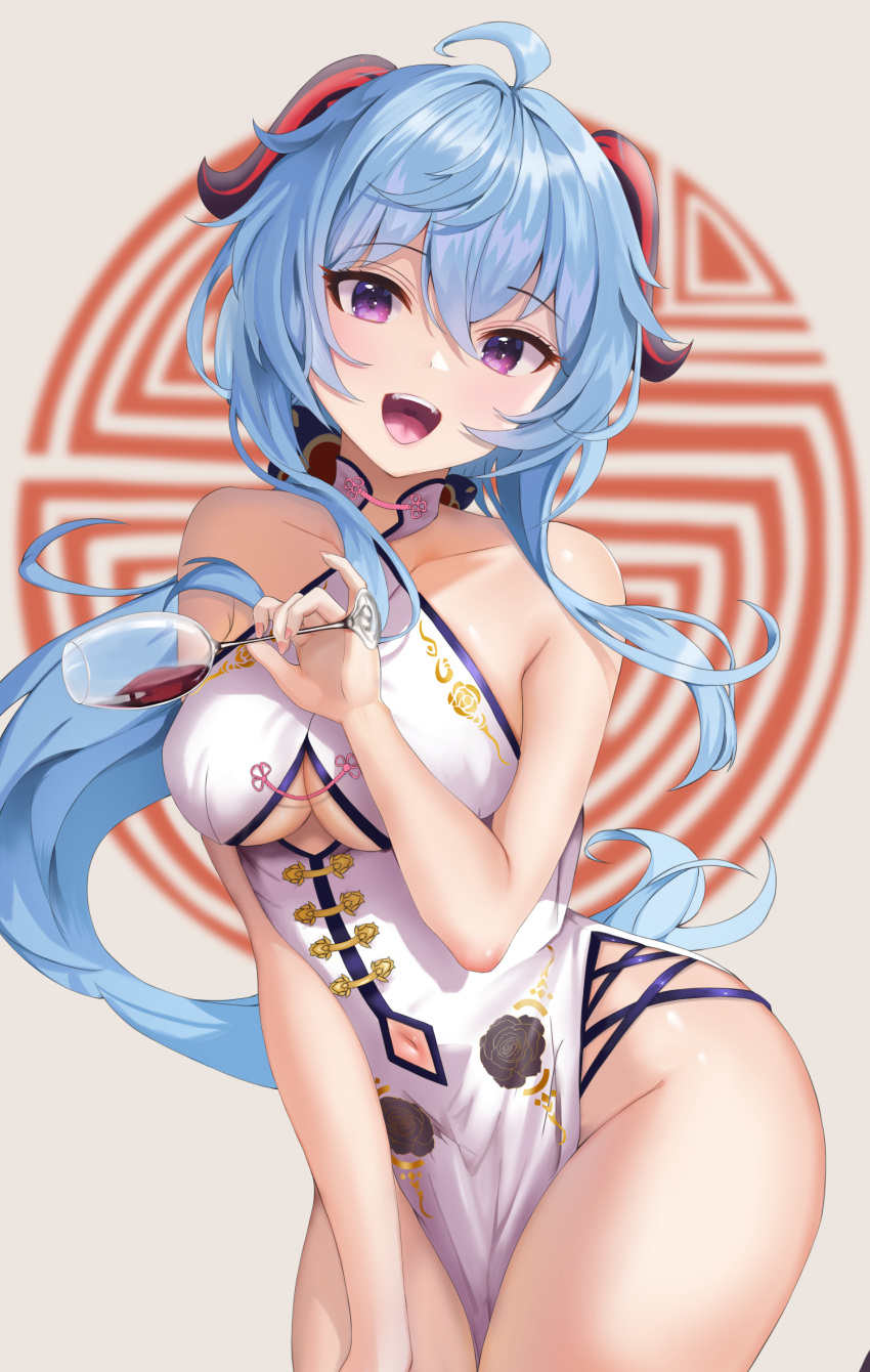 1girl absurdres ahoge bangs bare_arms bare_shoulders blue_hair blush breasts china_dress chinese_clothes clothing_cutout collarbone cowboy_shot crossed_bangs cup dress eyebrows_visible_through_hair ganyu_(genshin_impact) genshin_impact highres large_breasts laura_jun long_hair looking_at_viewer navel navel_cutout open_mouth side_slit sleeveless smile solo thighs violet_eyes