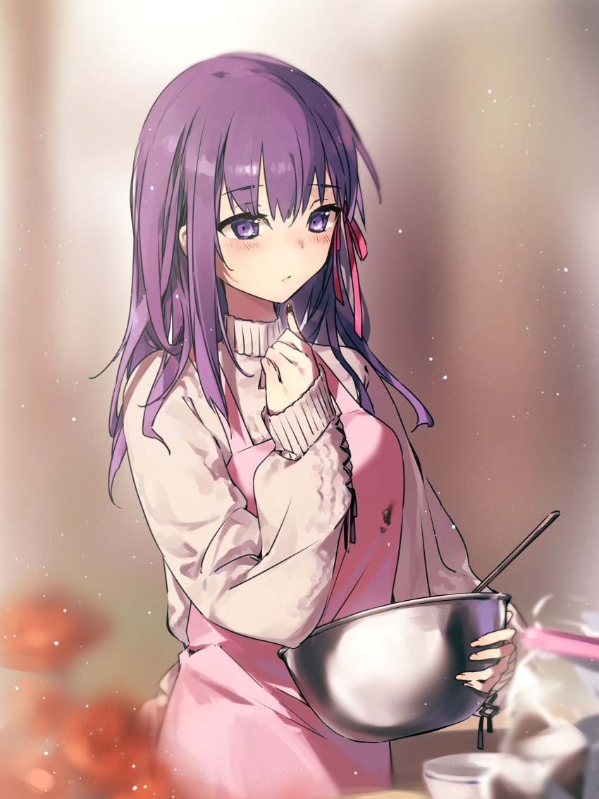 1girl absurdres alternate_costume apron bangs blurry blurry_background blush chocolate chocolate_making chocolate_on_hand closed_mouth commentary_request cooking eyebrows_visible_through_hair fate/stay_night fate_(series) food_on_hand hair_between_eyes hair_ribbon heaven's_feel highres indoors light_particles long_hair long_sleeves matou_sakura pink_apron pink_ribbon purple_hair ribbon shigure_(shigure_43) sleeves_past_wrists solo sweater turtleneck turtleneck_sweater valentine white_sweater