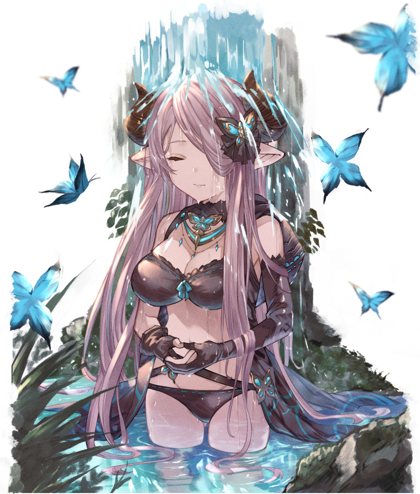 1girl asymmetrical_gloves ayacho bikini black_bikini black_gloves braid breasts closed_eyes demon_horns draph gloves granblue_fantasy hair_over_one_eye highres horns large_breasts light_purple_hair long_hair low_tied_hair narmaya_(granblue_fantasy) own_hands_together partially_submerged pointy_ears purple_hair single_braid solo swimsuit uneven_gloves water waterfall
