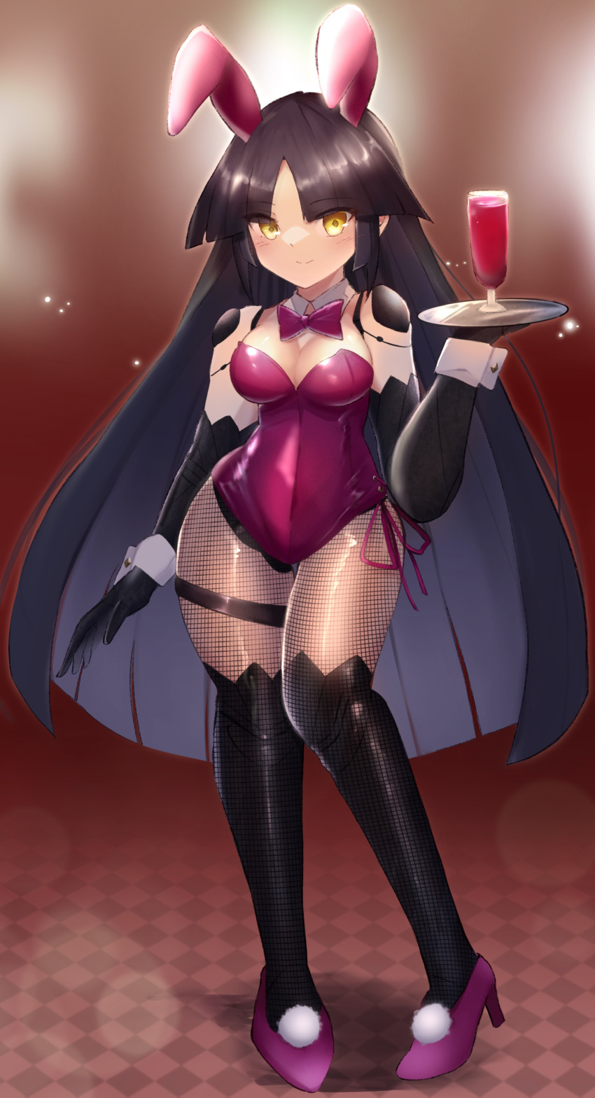 1girl absurdres animal_ears black_hair bow bowtie breasts cup detached_collar drinking_glass fate/grand_order fate_(series) highres katou_danzou_(fate) long_hair medium_breasts moyashi_(pixiv44153669) pantyhose playboy_bunny rabbit_ears tray wrist_cuffs yellow_eyes