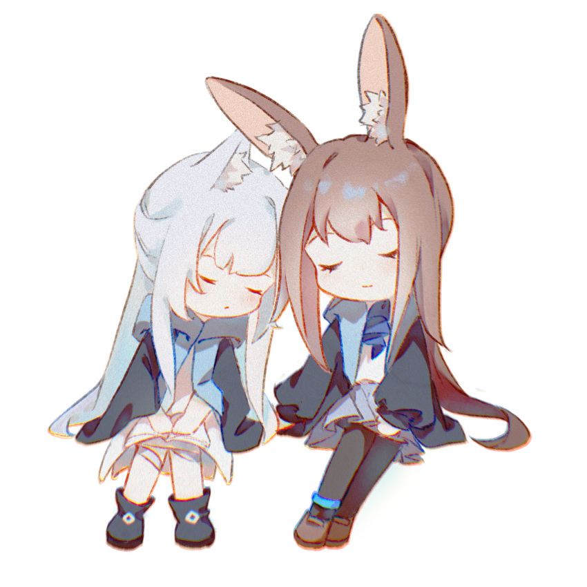 2girls amiya_(arknights) animal_ear_fluff animal_ears arknights black_footwear black_jacket black_legwear blue_skirt boots brown_footwear brown_hair cat_ears chibi closed_eyes closed_mouth commentary_request dress grey_hair highres jacket long_hair long_sleeves low_ponytail multiple_girls open_clothes open_jacket own_hands_together pantyhose pleated_dress ponytail puffy_long_sleeves puffy_sleeves rabbit_ears rosmontis_(arknights) shirt shoes simple_background sitting skirt sleeping sleeping_on_person sleeping_upright sleeves_past_wrists smile very_long_hair white_background white_dress white_shirt yuluojinmian