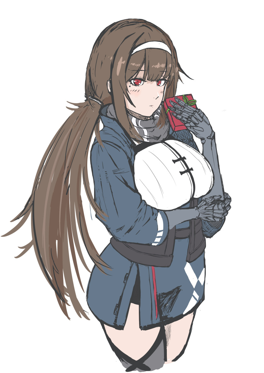 1girl absurdres bangs blue_jacket blush breasts brown_hair closed_mouth commentary_request cowboy_shot embarrassed eyebrows_visible_through_hair gift girls_frontline grey_background hairband highres holding holding_gift jacket js_9_(girls'_frontline) lamniku0 large_breasts long_hair looking_at_viewer mechanical_arms mole mole_under_eye red_eyes sidelocks simple_background solo standing white_hairband