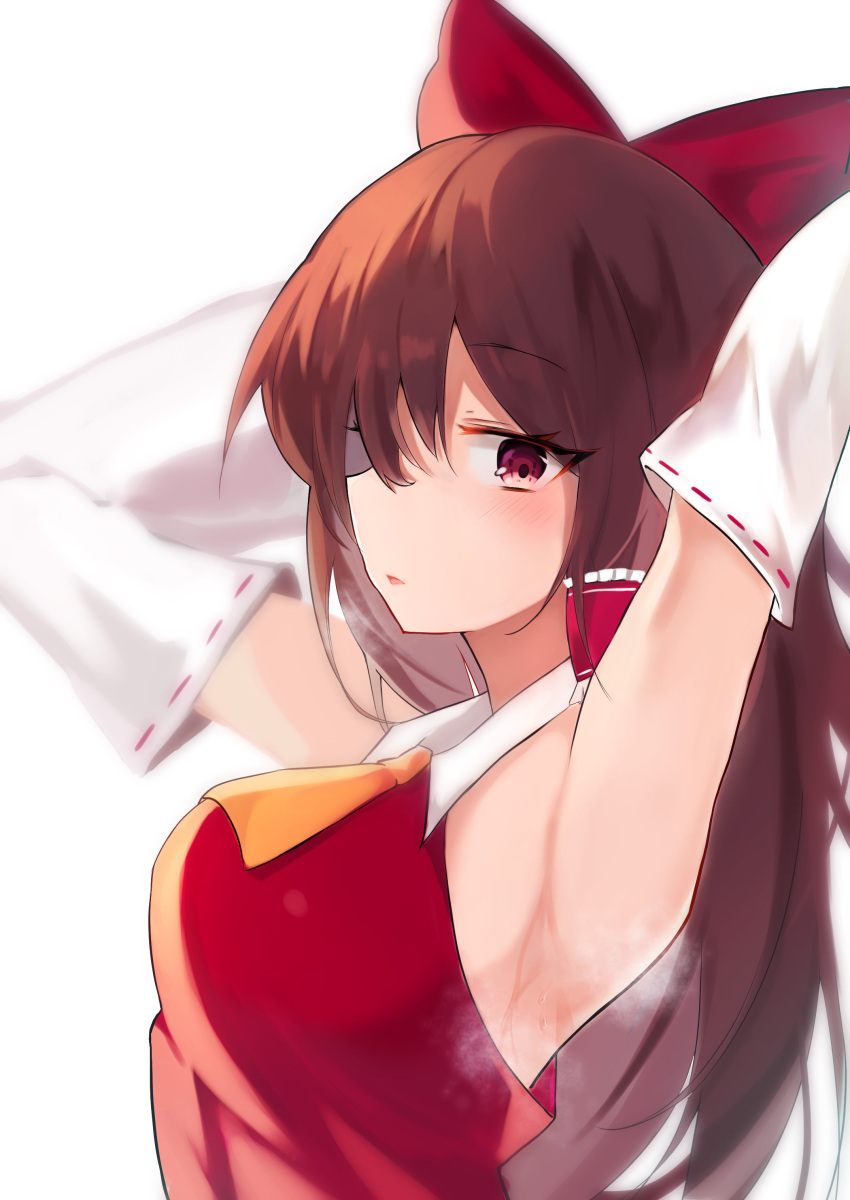 1girl absurdres armpits arms_up ascot bangs blush bow breasts brown_hair collared_dress detached_sleeves dress eyebrows_visible_through_hair eyes_visible_through_hair frills from_side hair_between_eyes hair_ornament hair_tubes hakurei_reimu hands_up highres long_hair long_sleeves looking_at_viewer medium_breasts open_mouth pink_eyes red_bow red_dress saki_(14793221) simple_background solo sweat touhou upper_body violet_eyes white_background wide_sleeves yellow_ascot