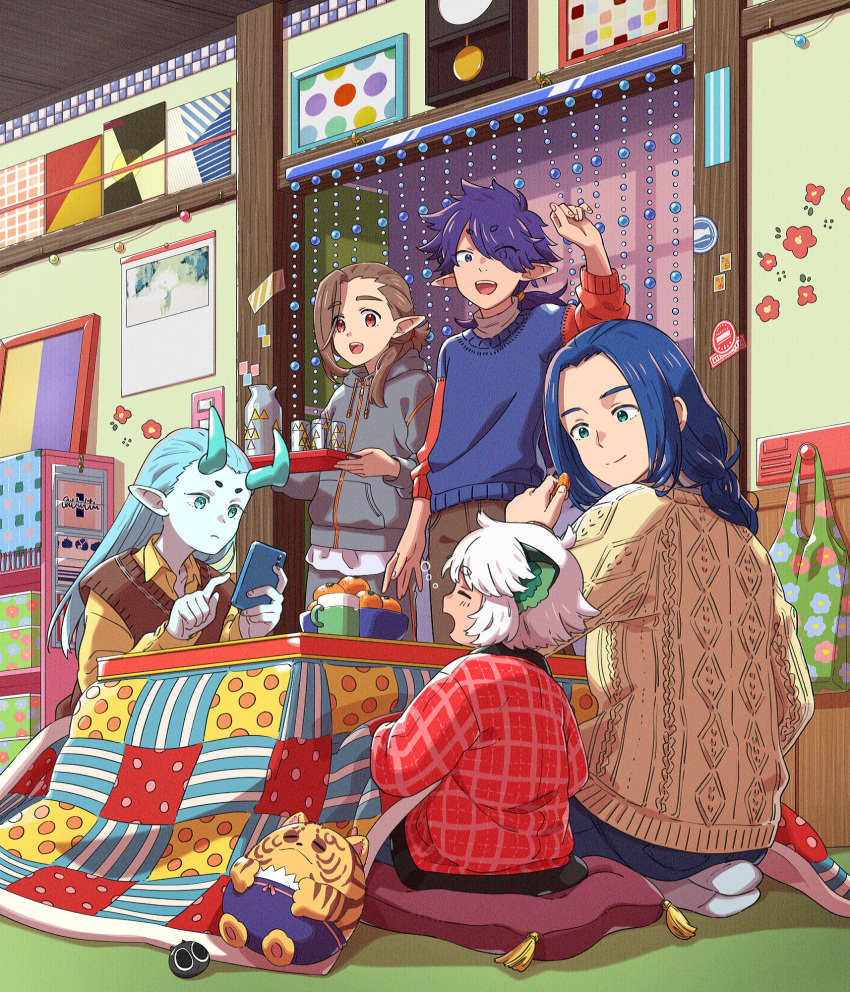 6+boys aqua_eyes aqua_hair aqua_horns black_sweater blue_eyes blue_hair brown_hair closed_eyes etottorisaq fengxi_(the_legend_of_luoxiaohei) food fruit grey_hoodie hair_over_one_eye heixiu highres holding holding_phone hood hoodie index_finger_raised indoors long_hair luoxiaohei luozhu_(the_legend_of_luoxiaohei) multiple_boys open_mouth orange_(fruit) phone pillow pointy_ears ponytail profile purple_hair red_eyes red_sweater sitting standing sweater the_legend_of_luo_xiaohei tianhu_(the_legend_of_luoxiaohei) white_hair wuxian_(the_legend_of_luoxiaohei) xuhuai_(the_legend_of_luoxiaohei)