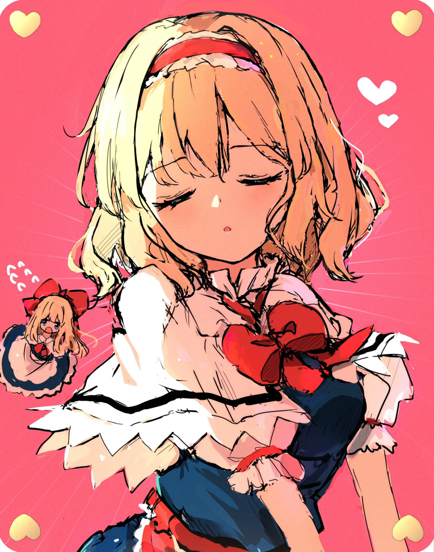 1girl alice_margatroid apron bangs belt blonde_hair blue_dress blue_eyes blush bow bowtie breasts capelet closed_eyes collared_dress commentary_request dress eyebrows_visible_through_hair flying frills grey_apron hair_between_eyes hairband heart highres hunya long_hair long_sleeves looking_at_viewer medium_breasts open_mouth pink_background red_belt red_bow red_bowtie red_hairband shanghai_doll short_hair short_sleeves simple_background solo standing touhou upper_body white_capelet