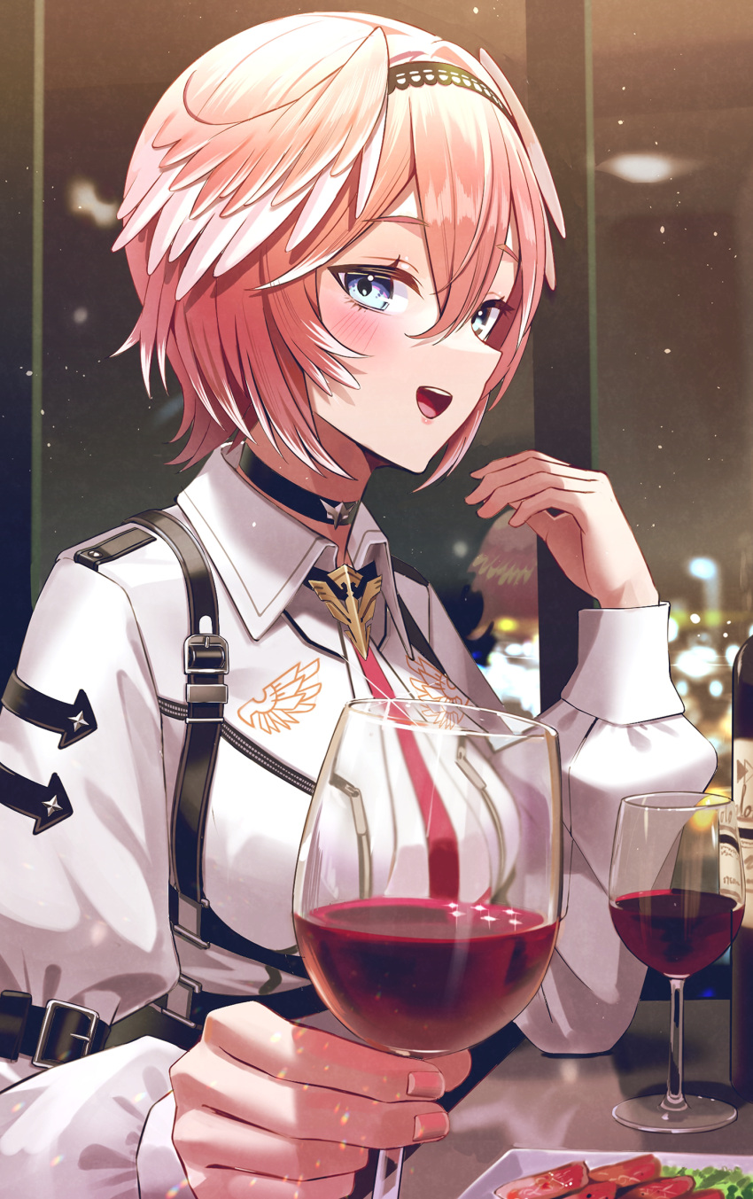 1girl bird_girl black_choker black_hairband blue_eyes blush bottle breast_zipper breasts choker collared_shirt commentary_request cup drinking_glass hairband hand_up head_wings highres holding holding_cup hololive incoming_drink indoors long_sleeves looking_at_viewer medium_breasts midori_matsukaze multicolored_hair necktie night open_mouth pink_hair red_necktie red_wine reflection restaurant shirt short_hair solo takane_lui two-tone_hair virtual_youtuber white_hair white_shirt window wine_bottle wine_glass zipper zipper_pull_tab