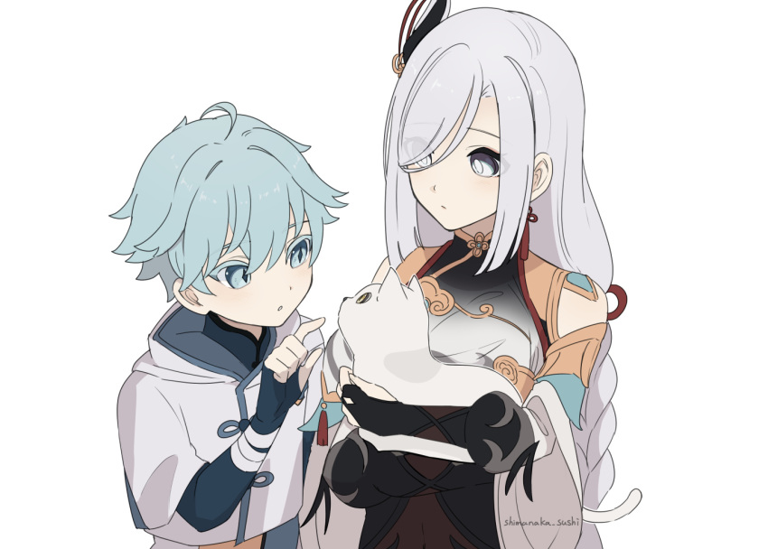 1boy 1girl animal aunt_and_nephew breast_curtain cat chinese_clothes chongyun_(genshin_impact) genshin_impact hair_between_eyes holding holding_animal light_blue_eyes light_blue_hair open_mouth shenhe_(genshin_impact) shimanakao_(shimanaka_sushi) short_hair simple_background white_background