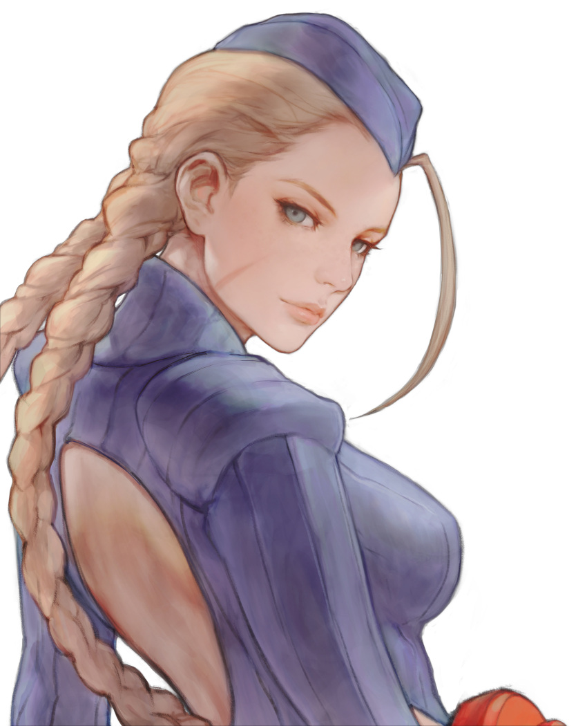 1girl absurdres ahoge blonde_hair blue_eyes braid breasts cammy_white closed_mouth commentary hat highres lips long_sleeves medium_breasts scar scar_on_cheek scar_on_face simple_background solo street_fighter street_fighter_zero_(series) tied_hair twin_braids twintails upper_body wave_61 white_background