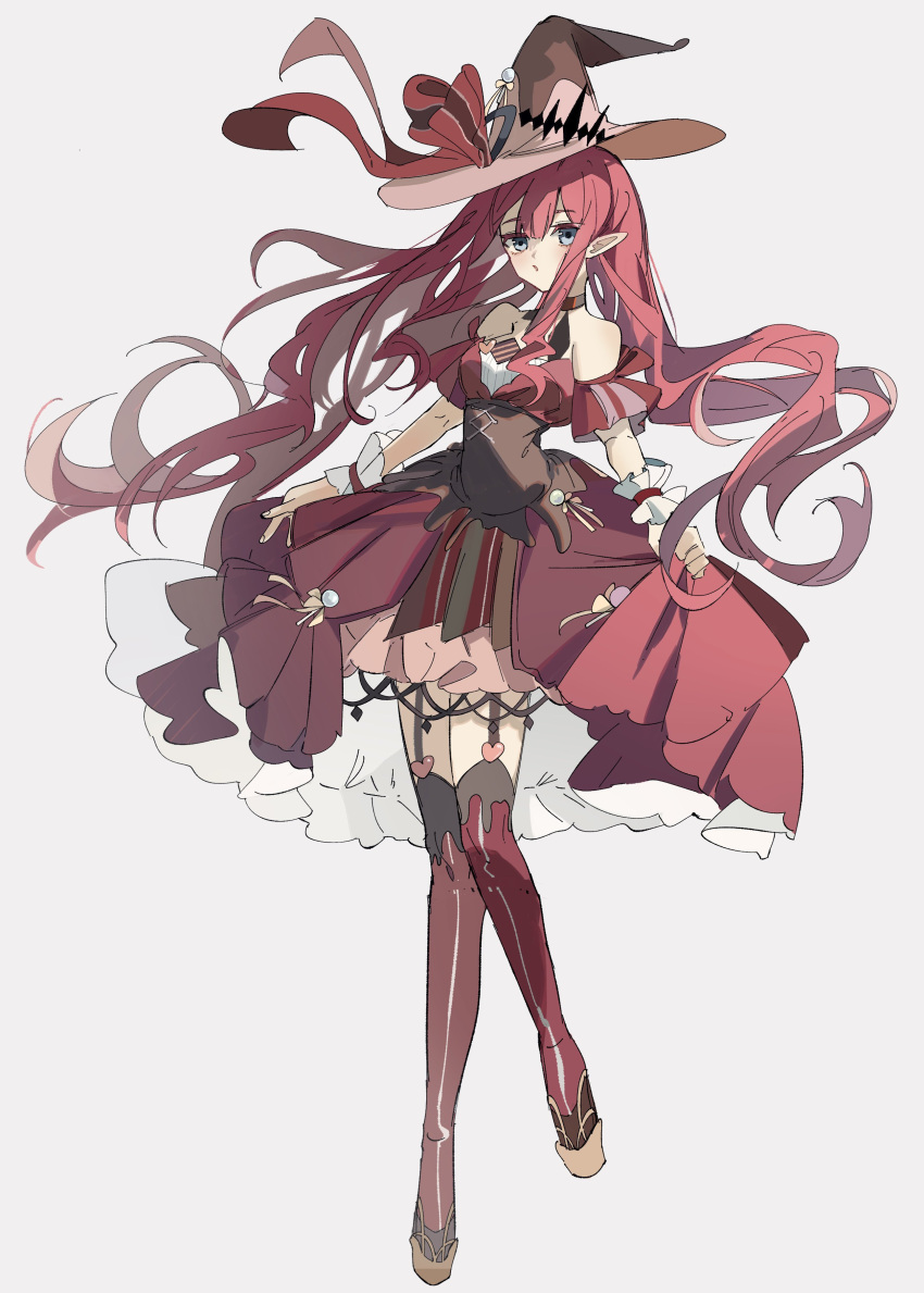 1girl absurdres bare_shoulders blush dress fairy_knight_tristan_(fate) fairy_knight_tristan_(valentine_witches)_(fate) fate/grand_order fate_(series) food-themed_clothes grey_background grey_eyes hat highres holding holding_clothes holding_dress long_hair note_nii pink_dress pink_hair pink_headwear pointy_ears simple_background solo tiara very_long_hair witch_hat