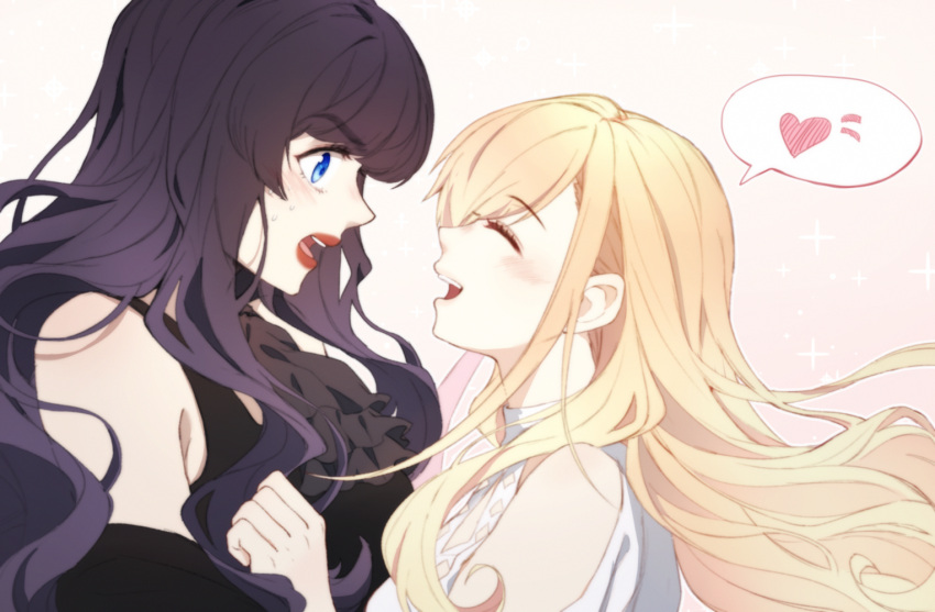 2girls ascot black_ascot black_dress blonde_hair blue_eyes blush closed_eyes commentary dress final_fantasy final_fantasy_xiv gaia_(ff14) gradient gradient_background heart hyur long_hair lyra-kotto multiple_girls open_mouth pink_background purple_hair red_lips ryne sparkle spoken_heart surprised sweat teeth upper_body upper_teeth yuri