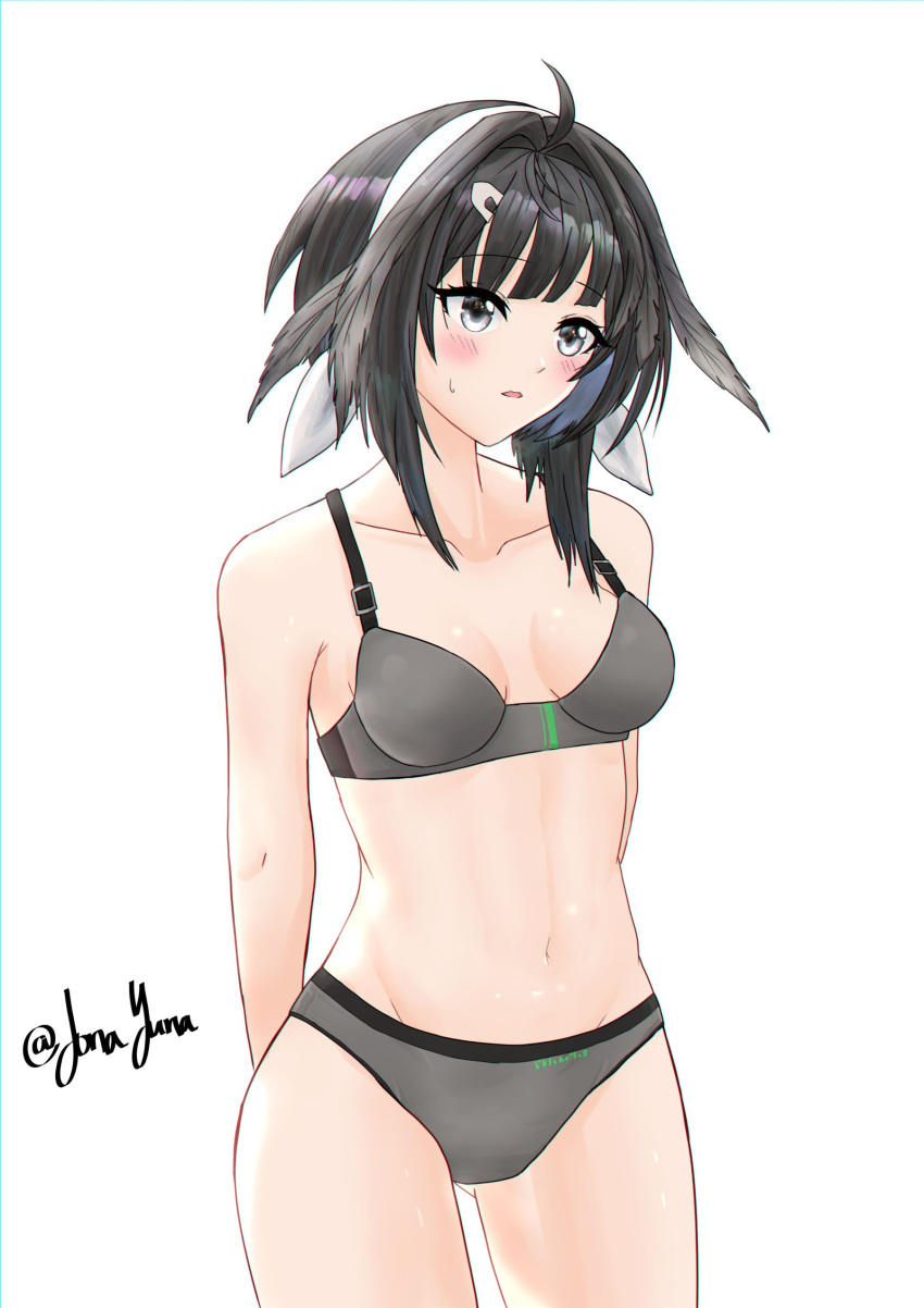 1girl absurdres ahoge arknights arms_behind_back bangs bare_shoulders black_hair blush bra breasts collarbone commentary cowboy_shot english_commentary eyebrows_visible_through_hair grey_bra grey_eyes grey_panties hair_intakes highres jonayuna la_pluma_(arknights) medium_breasts navel panties parted_lips short_hair simple_background solo standing stomach thighs underwear underwear_only white_background