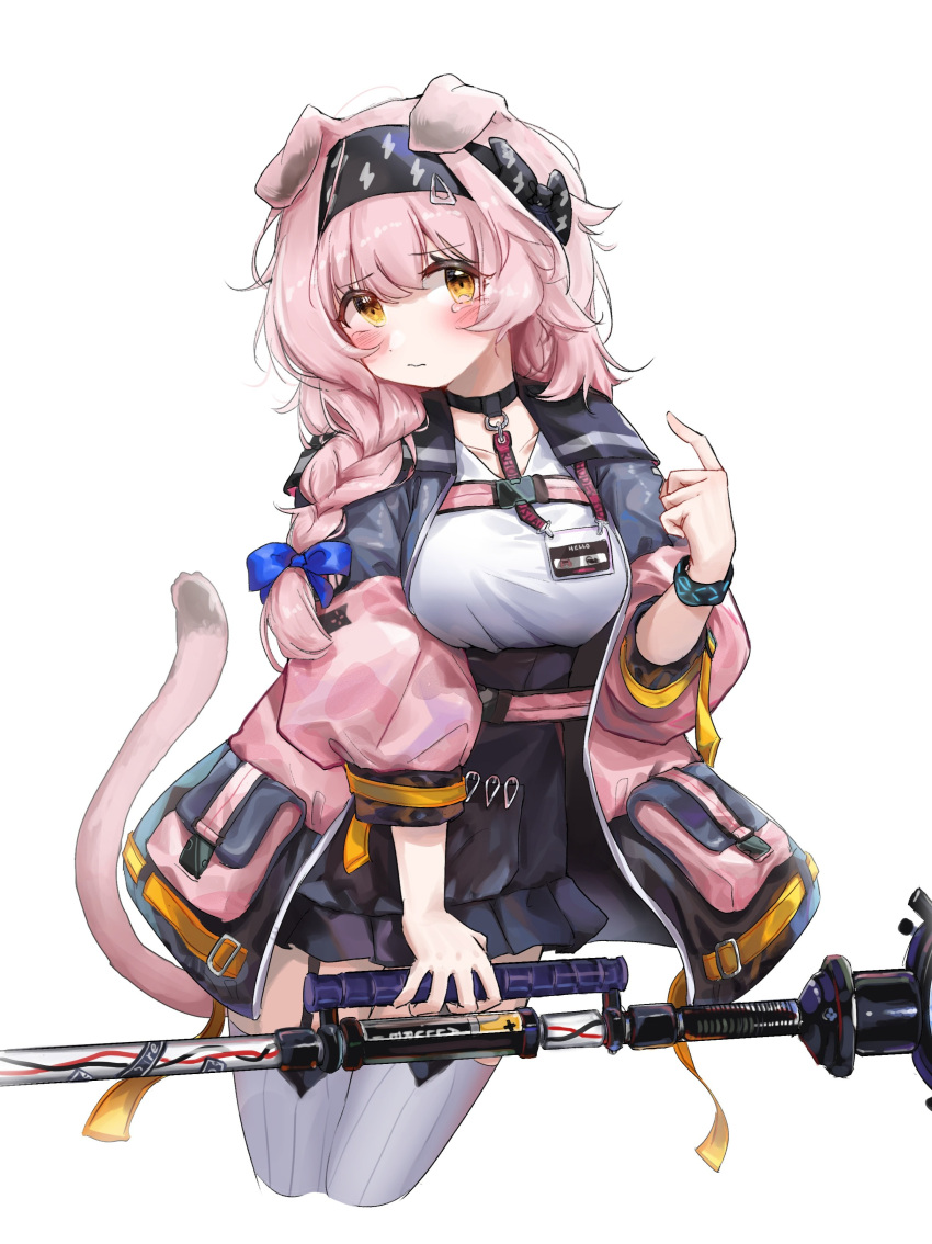 1girl absurdres animal_ears arknights bangs black_choker black_hairband black_skirt blue_bow blush book bow bracelet braid breasts cat_ears cat_girl cat_tail choker closed_mouth cropped_legs english_commentary eyebrows_visible_through_hair garter_straps goldenglow_(arknights) hair_bow hairband high-waist_skirt highres holding holding_staff id_card infection_monitor_(arknights) jewelry large_breasts lightning_bolt_print long_hair long_sleeves looking_at_viewer open_book orange_eyes pink_hair pointing pointing_at_self polyvora side_braid simple_background skirt solo staff striped striped_legwear tail tearing_up tears thigh-highs two-tone_coat vertical-striped_legwear vertical_stripes white_background white_legwear zettai_ryouiki