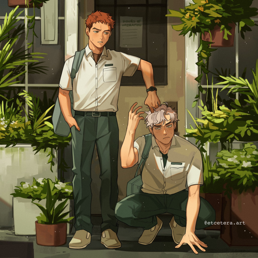 2boys commentary day display english_commentary etceteraart flower_shop hands_on_another's_head highres looking_at_another multiple_boys original outdoors pants plant potted_plant redhead shirt shop short_hair standing storefront uniform watch watch