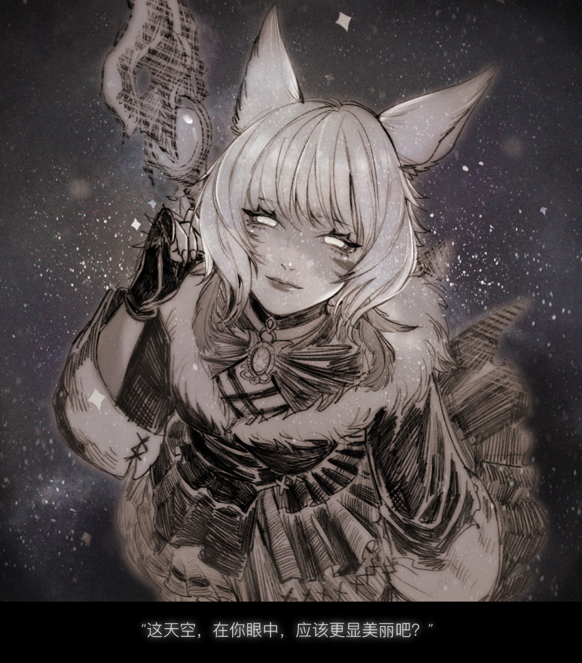 1girl animal_ears cat_ears chinese_commentary chinese_text closed_mouth commentary_request dress facial_mark final_fantasy final_fantasy_xiv fingerless_gloves from_above fur-trimmed_dress fur_trim gloves greyscale highres holding holding_staff lips long_sleeves looking_at_viewer looking_up miqo'te monochrome mop no_pupils short_hair simite solo staff translation_request whisker_markings y'shtola_rhul