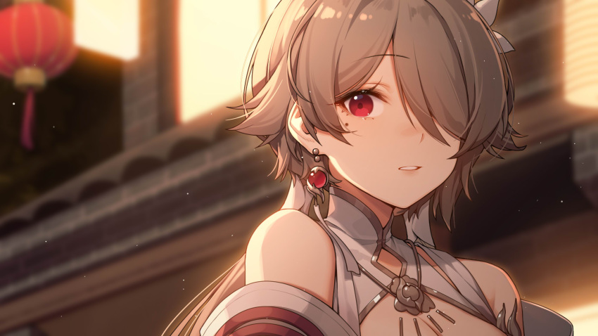 1girl bangs bare_shoulders brown_dress brown_hair china_dress chinese_clothes chinese_new_year city_lights de_da_xianyu dress earrings flower grin hair_flower hair_ornament hair_over_one_eye highres honkai_(series) honkai_impact_3rd jewelry lantern looking_at_viewer mole mole_under_eye night night_sky outdoors rita_rossweisse rita_rossweisse_(artemis) sky smile teeth twintails violet_eyes white_flower