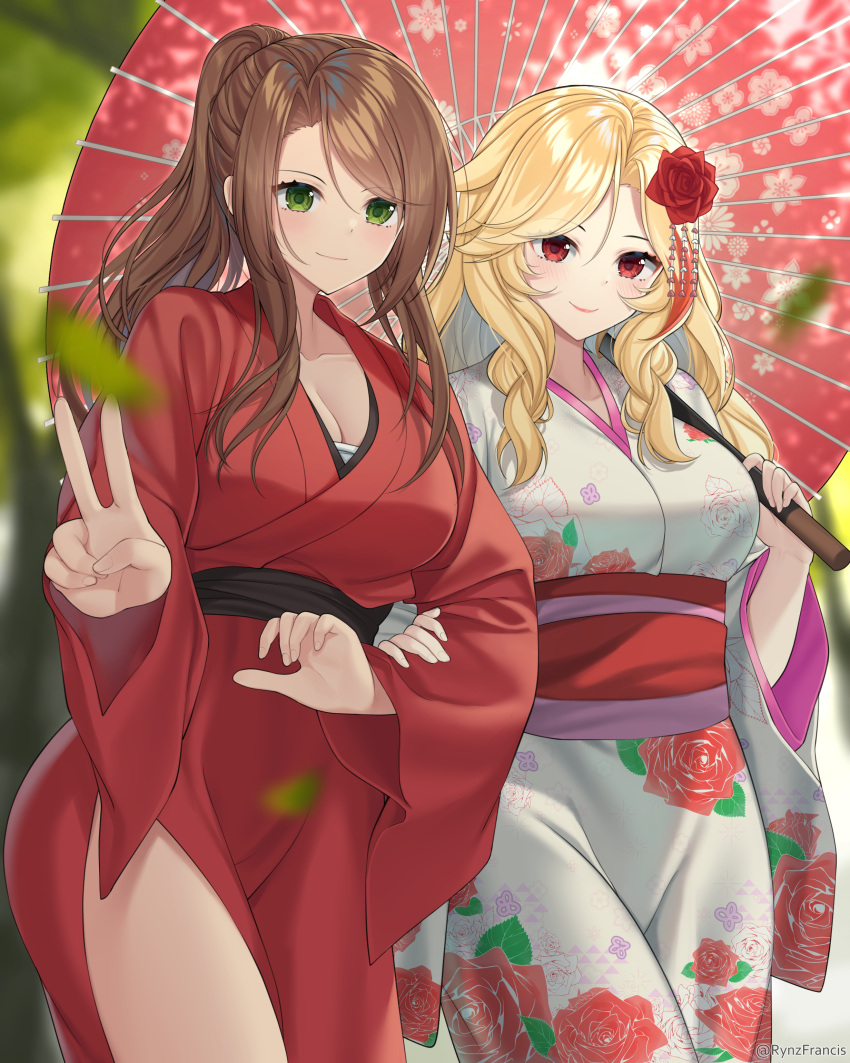 2girls absurdres bangs black_sash blonde_hair blush breasts brown_hair character_request commentary commission cowboy_shot english_commentary floral_print flower girls_frontline green_eyes hair_flower hair_ornament highres holding holding_umbrella japanese_clothes kimono large_breasts lee-enfield_(girls'_frontline) long_hair long_sleeves looking_at_viewer multiple_girls obi oil-paper_umbrella ponytail red_eyes red_flower red_kimono red_rose red_sash red_umbrella rose rynzfrancis sarashi sash smile standing umbrella v white_kimono wide_sleeves