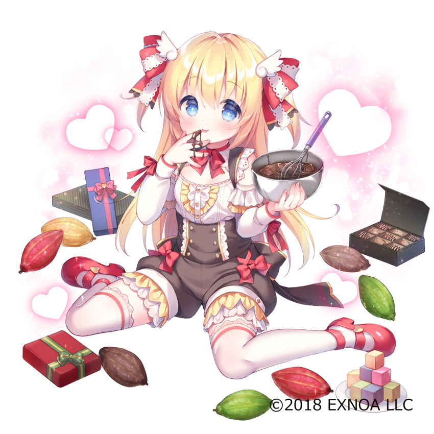 +_+ 1girl :p bangs bare_shoulders black_shorts blonde_hair blue_eyes blush bow bowl box character_request chocolate chocolate_on_hand closed_mouth commentary_request detached_sleeves eyebrows_visible_through_hair food_on_hand gemini_seed gift gift_box hair_between_eyes heart highres holding holding_bowl long_hair long_sleeves mixing_bowl plate puffy_long_sleeves puffy_shorts puffy_sleeves red_bow shirt short_shorts shorts sitting smile solo thigh-highs tongue tongue_out two_side_up usashiro_mani very_long_hair wariza whisk white_background white_legwear white_shirt white_sleeves