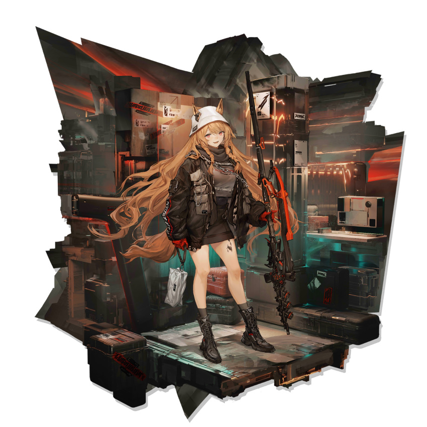 1girl :d animal_ears arknights bangs black_footwear black_jacket black_shirt black_skirt boots brown_hair ceobe_(arknights) ceobe_(unfettered)_(arknights) chain dog_ears ears_through_headwear full_body gloves highres holding holding_staff jacket lm7_(op-center) long_hair long_sleeves looking_at_viewer official_art open_clothes open_jacket oripathy_lesion_(arknights) pencil_skirt red_eyes red_gloves shirt skirt smile solo staff standing thighs transparent_background very_long_hair white_headwear