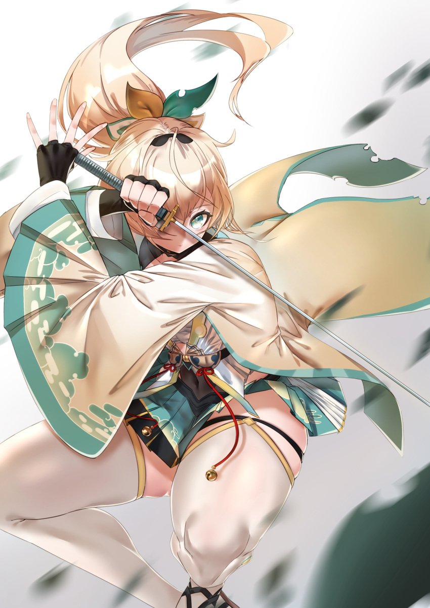 1girl absurdres bangs bell black_gloves blonde_hair closed_mouth feet_out_of_frame fingerless_gloves gloves gradient gradient_background green_eyes green_skirt haori highres holding holding_sword holding_weapon hololive japanese_clothes jingle_bell katana kazama_iroha kimono leaf long_hair one_eye_covered pleated_skirt ponytail ppangkkaru skirt solo squatting stance sword thick_thighs thigh-highs thighs virtual_youtuber weapon white_background white_kimono white_legwear wide_sleeves