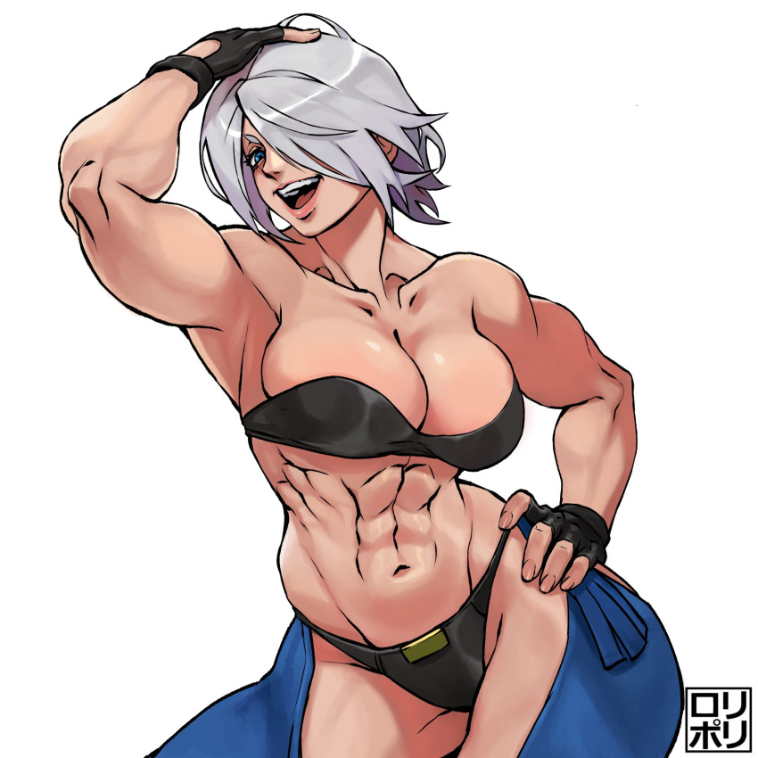 1girl abs angel_(kof) biceps bra breasts chaps fingerless_gloves gloves hair_over_one_eye highres jamrolypoly large_breasts muscular muscular_female navel snk solo strapless strapless_bra thighs toned underwear white_hair