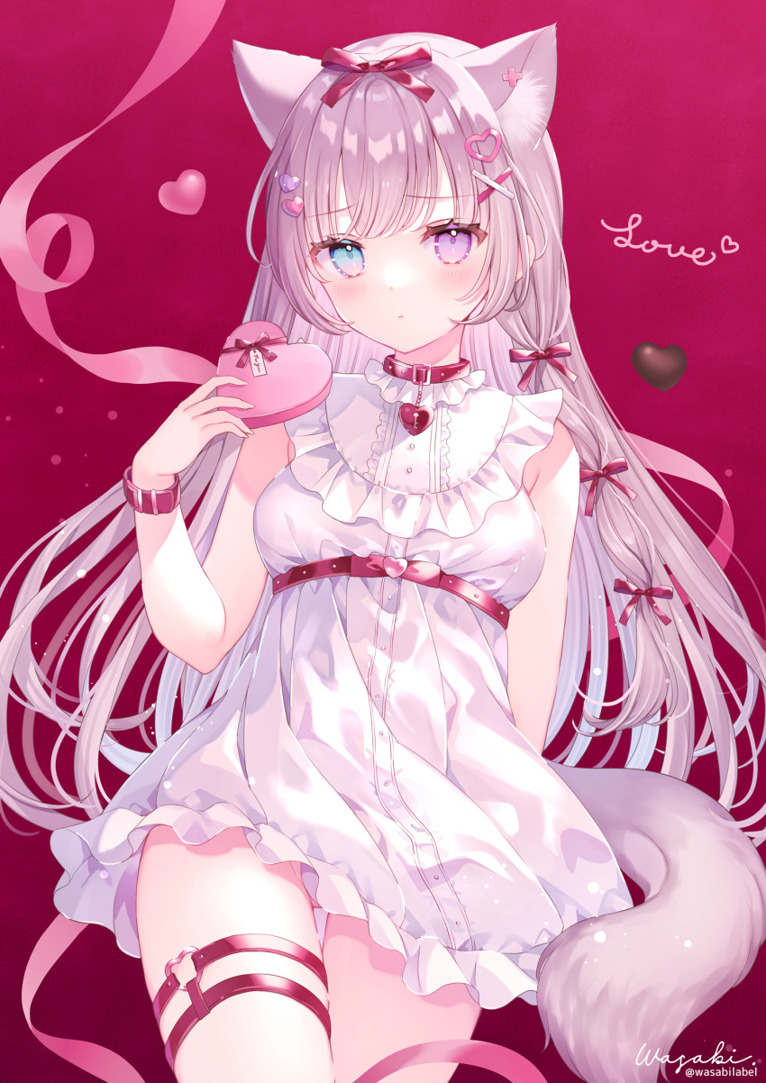 1girl animal_ear_fluff animal_ears bangs blue_eyes bow box breasts cat_ears cat_girl cat_tail closed_mouth commentary dress eyebrows_visible_through_hair frilled_dress frills gift gift_box hair_bow hair_ornament hairclip hand_up heart heart-shaped_box heart_hair_ornament heterochromia highres holding holding_gift long_hair original purple_hair red_background red_bow signature simple_background sleeveless sleeveless_dress small_breasts solo symbol-only_commentary tail twitter_username valentine very_long_hair violet_eyes wasabi_(sekai) white_dress x_hair_ornament