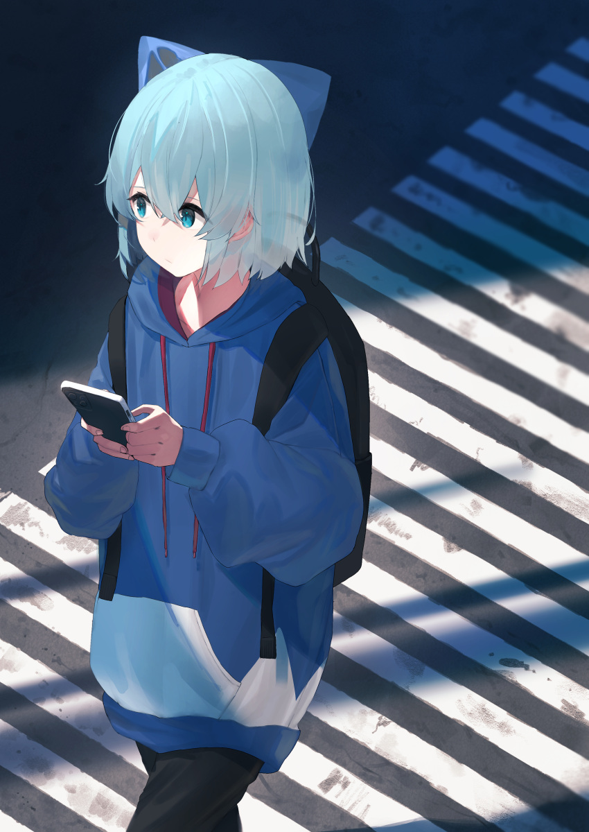 1girl 38_(sanjuuhachi) absurdres adapted_costume alternate_costume backpack bag bangs black_bag black_legwear blue_bow blue_eyes blue_hair blue_hoodie bow cellphone cirno closed_mouth contemporary crosswalk drawstring hair_bow highres holding holding_phone hood hoodie long_sleeves looking_at_viewer open_mouth outdoors phone puffy_sleeves short_hair smartphone solo touhou walking